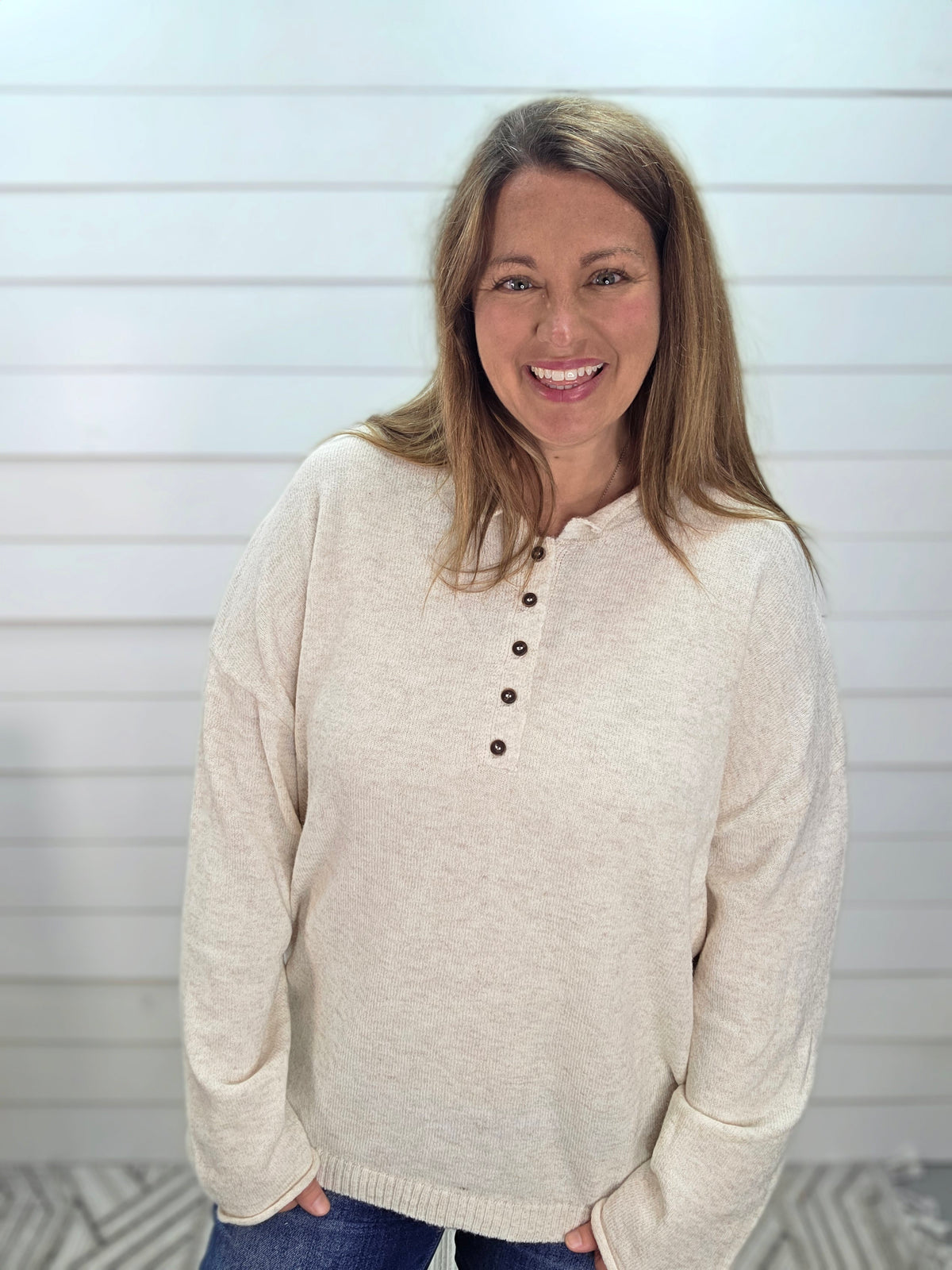 OATMEAL RAW ROLLED EDGE HENLEY RELAXED SWEATER