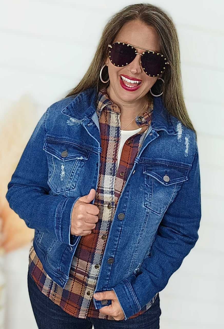 DARK DENIM DISTRESSED DENIM JACKET