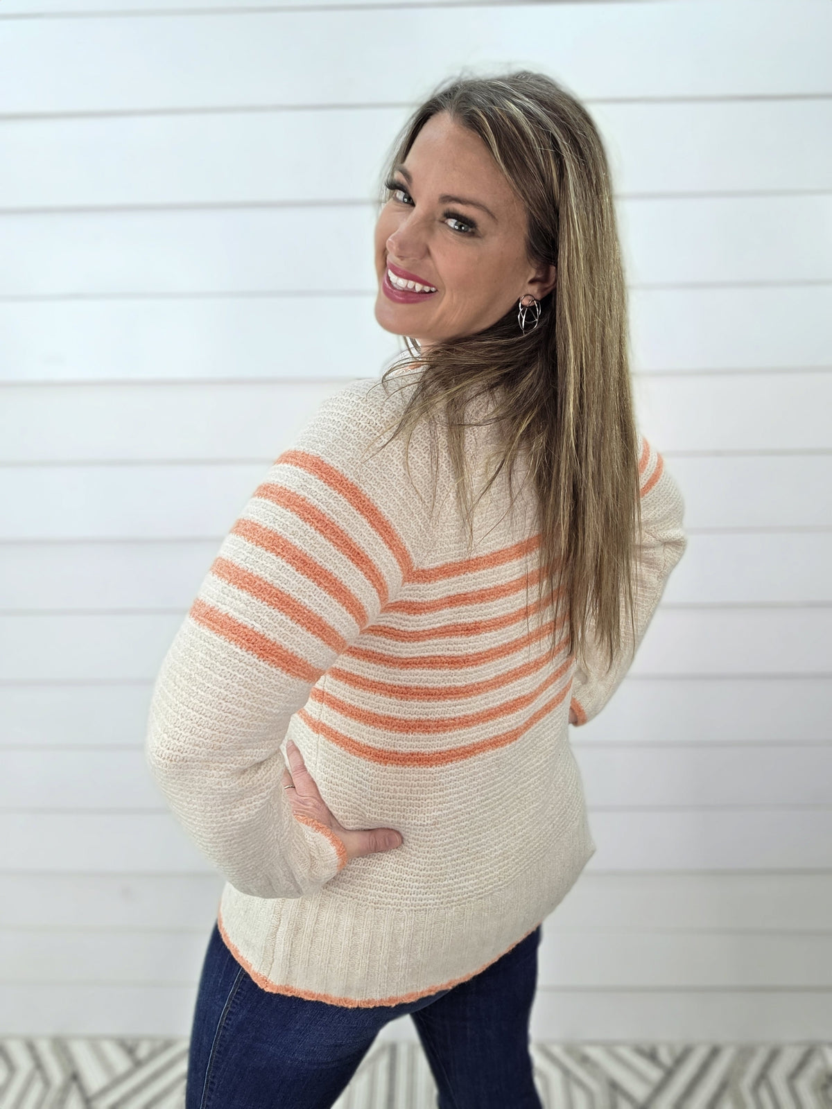 ORANGE TEXTURED STRIPED CONTRAST KNIT SWEATER