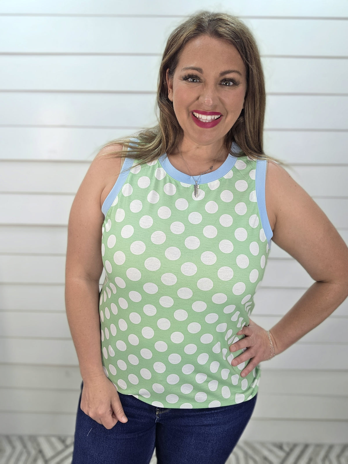 GREEN POLKADOT KNIT TANK TOP