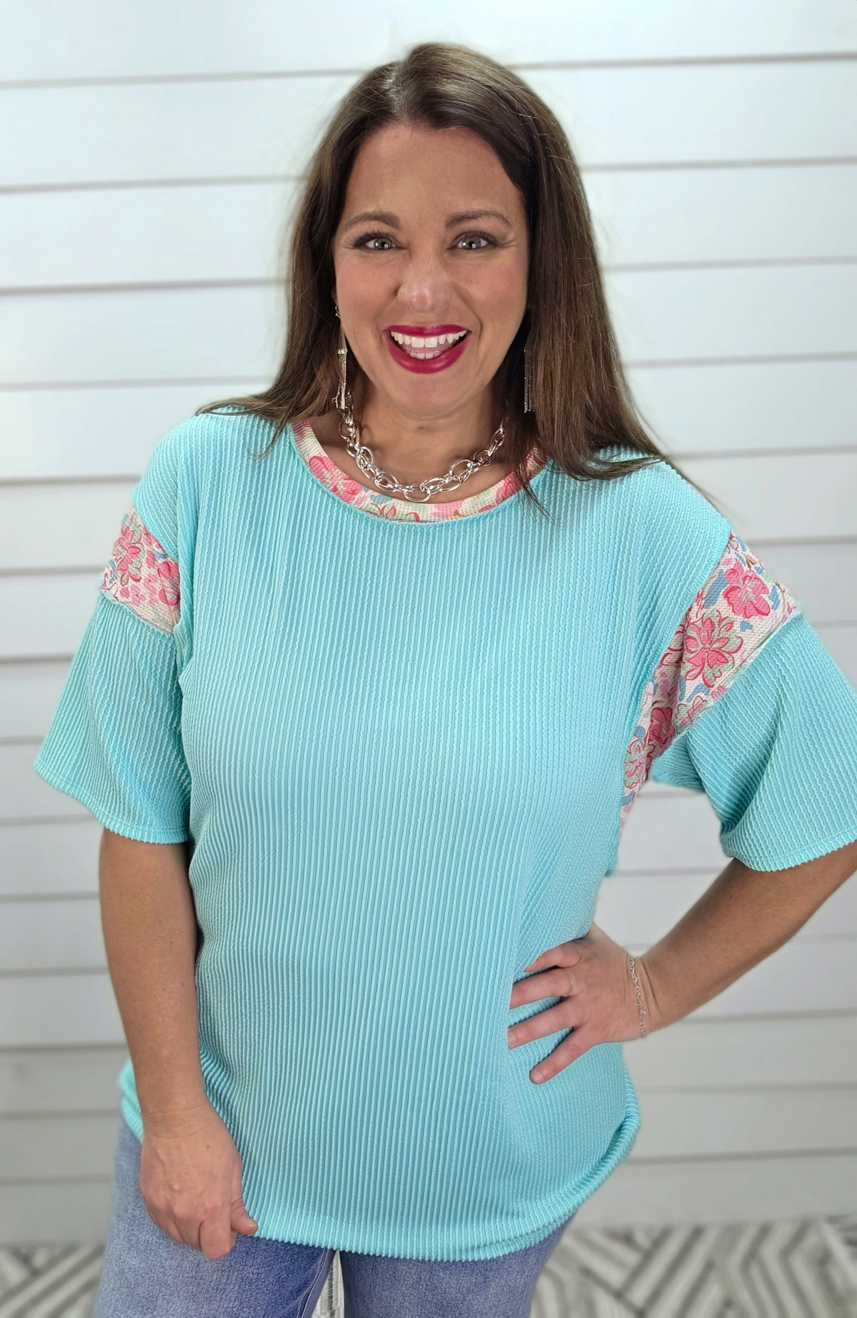 MINT RAISED RIBBED KNIT TOP W/ FLORAL ACCENTS