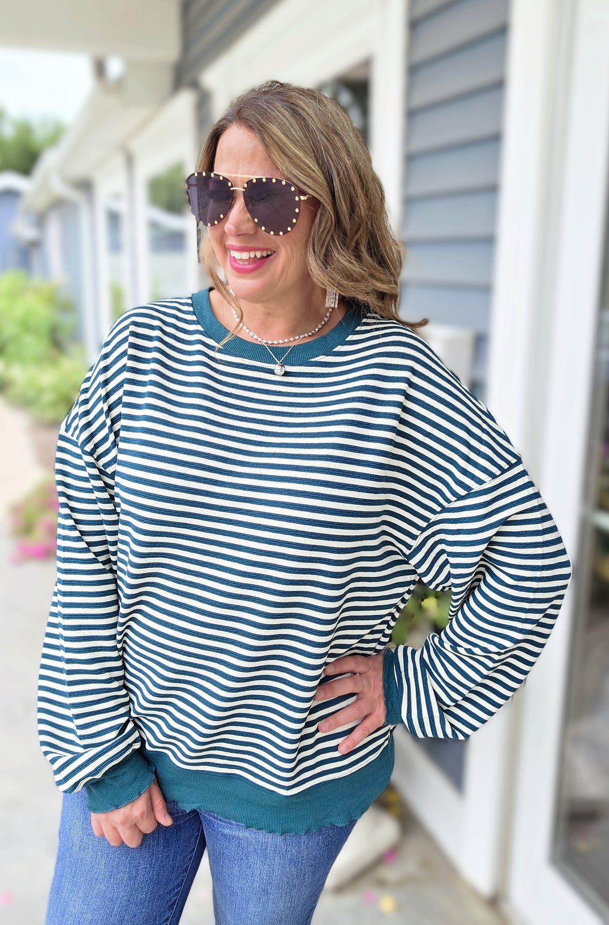 GREEN STRIPED LOOSE FIT KNIT TOP