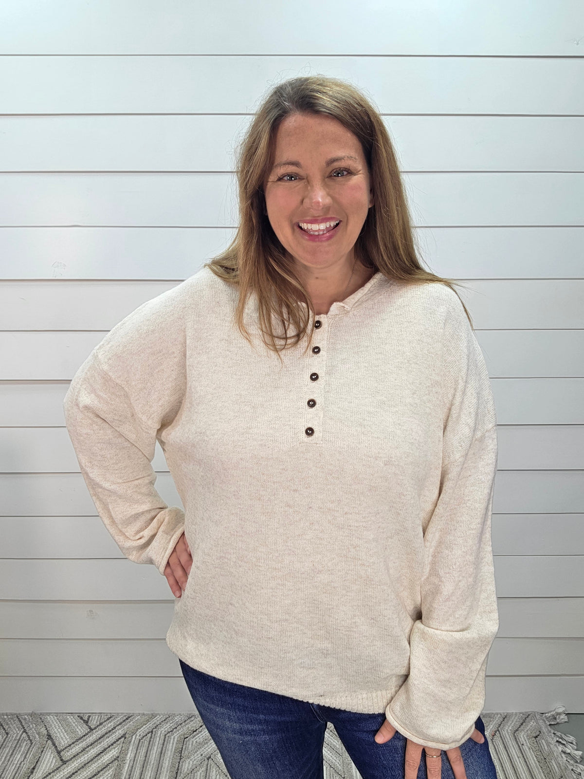 OATMEAL RAW ROLLED EDGE HENLEY RELAXED SWEATER