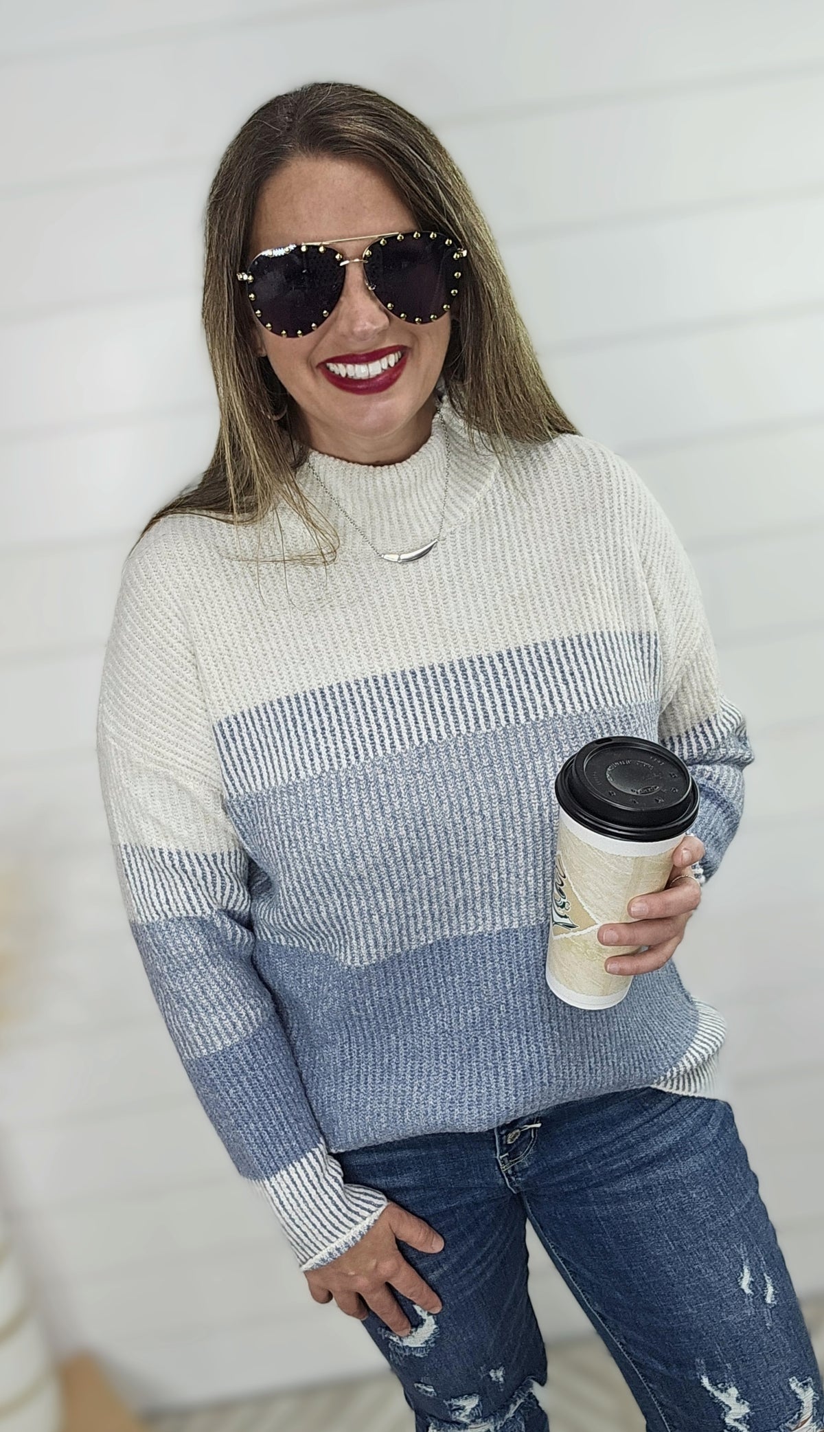 DENIM RIBBED COLORBLOCK MOCK NECK SWEATER