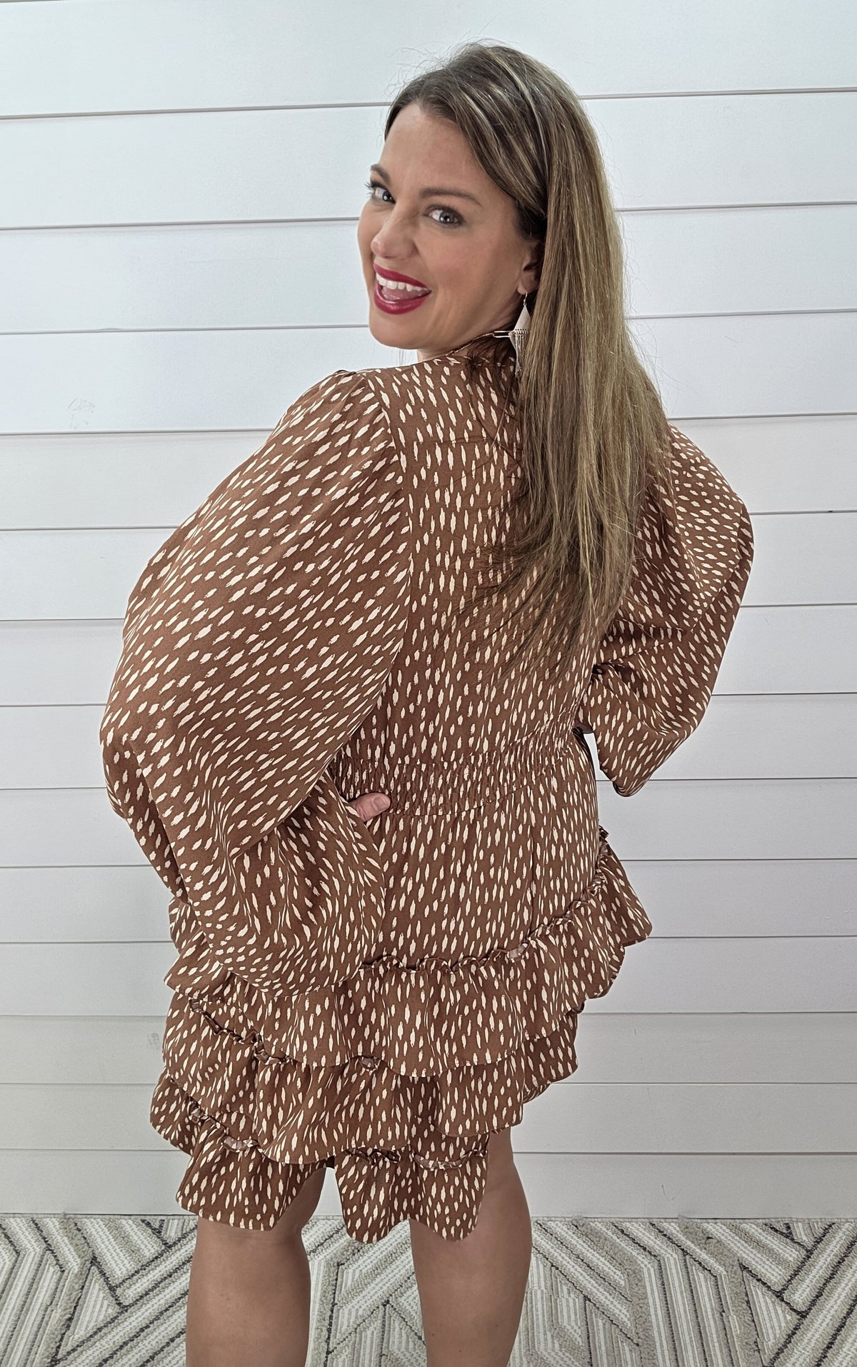 TERRACOTTA PRINTED ELASTIC WAIST RUFFLE TEIRED HEM DRESS