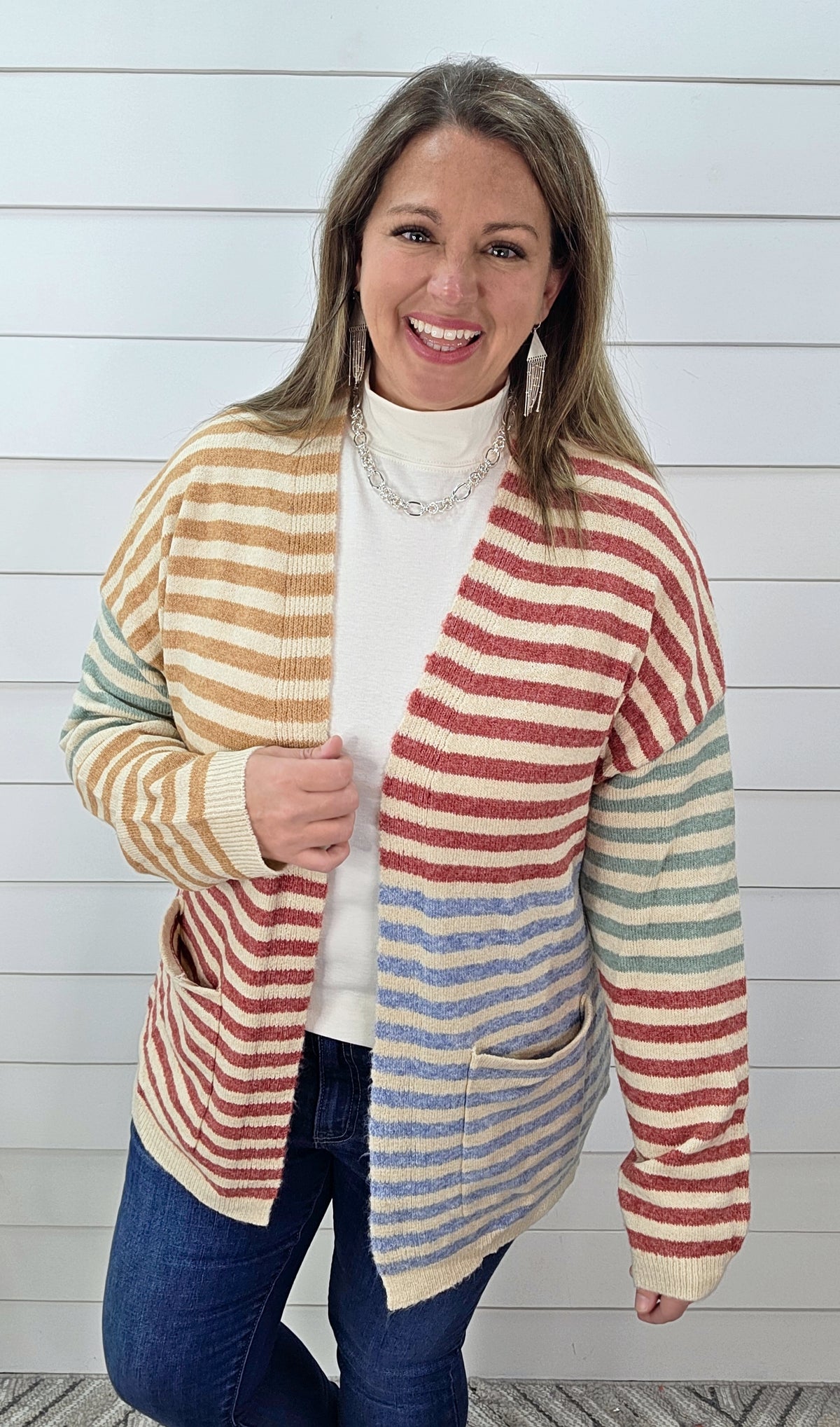 CAMEL/BERRY STRIPED COLORBLOCK KNIT CARDIGAN