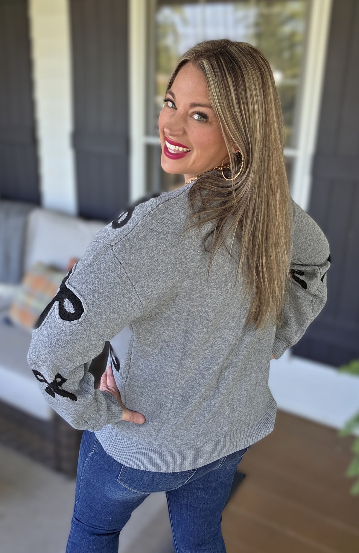 GREY/BLACK BOW ULTRA SOFT KNIT SWEATER