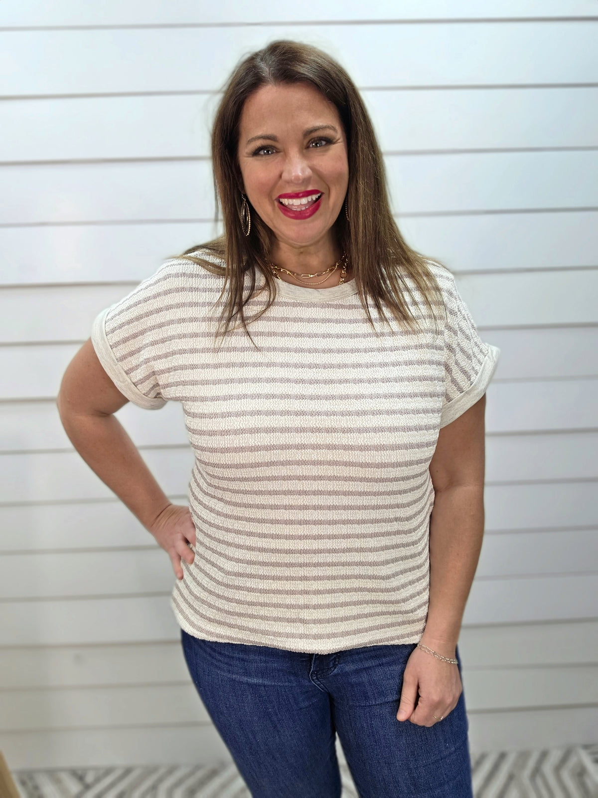 CREAM/TAUPE STRIPED TEXTURED KNIT TOP