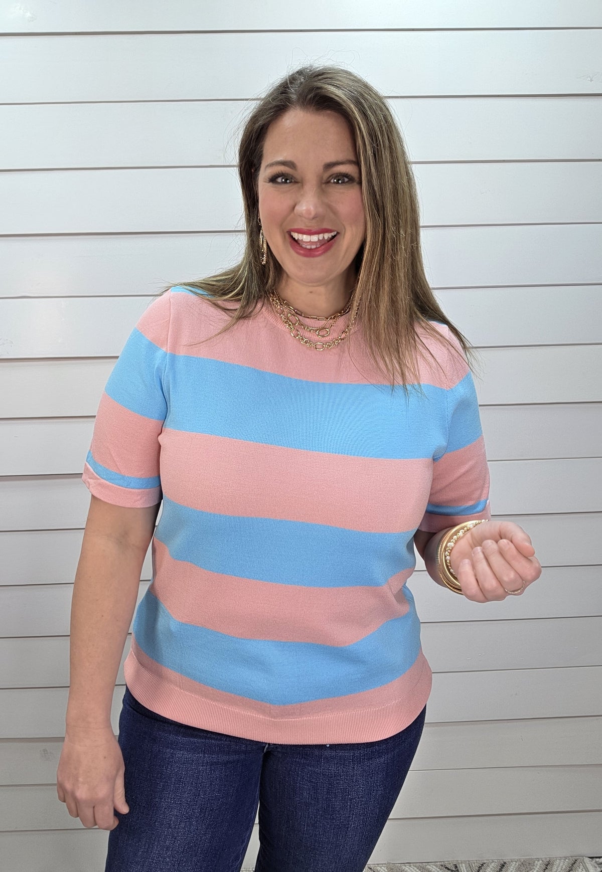 PINK/BLUE STRIPED KNITTED SHORT SLEEVE TOP