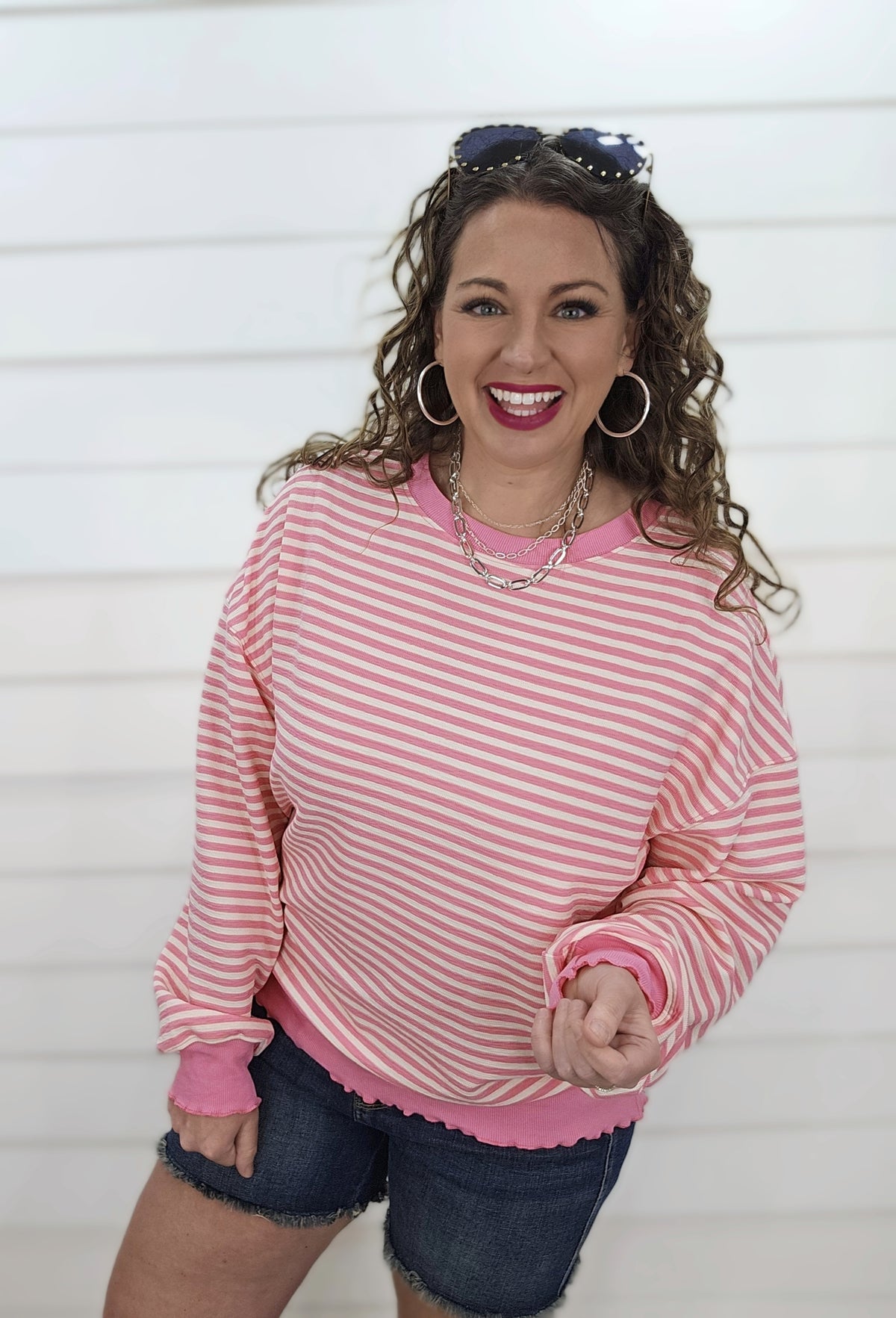 PINK STRIPED LOOSE KNIT LONG SLEEVE TOP