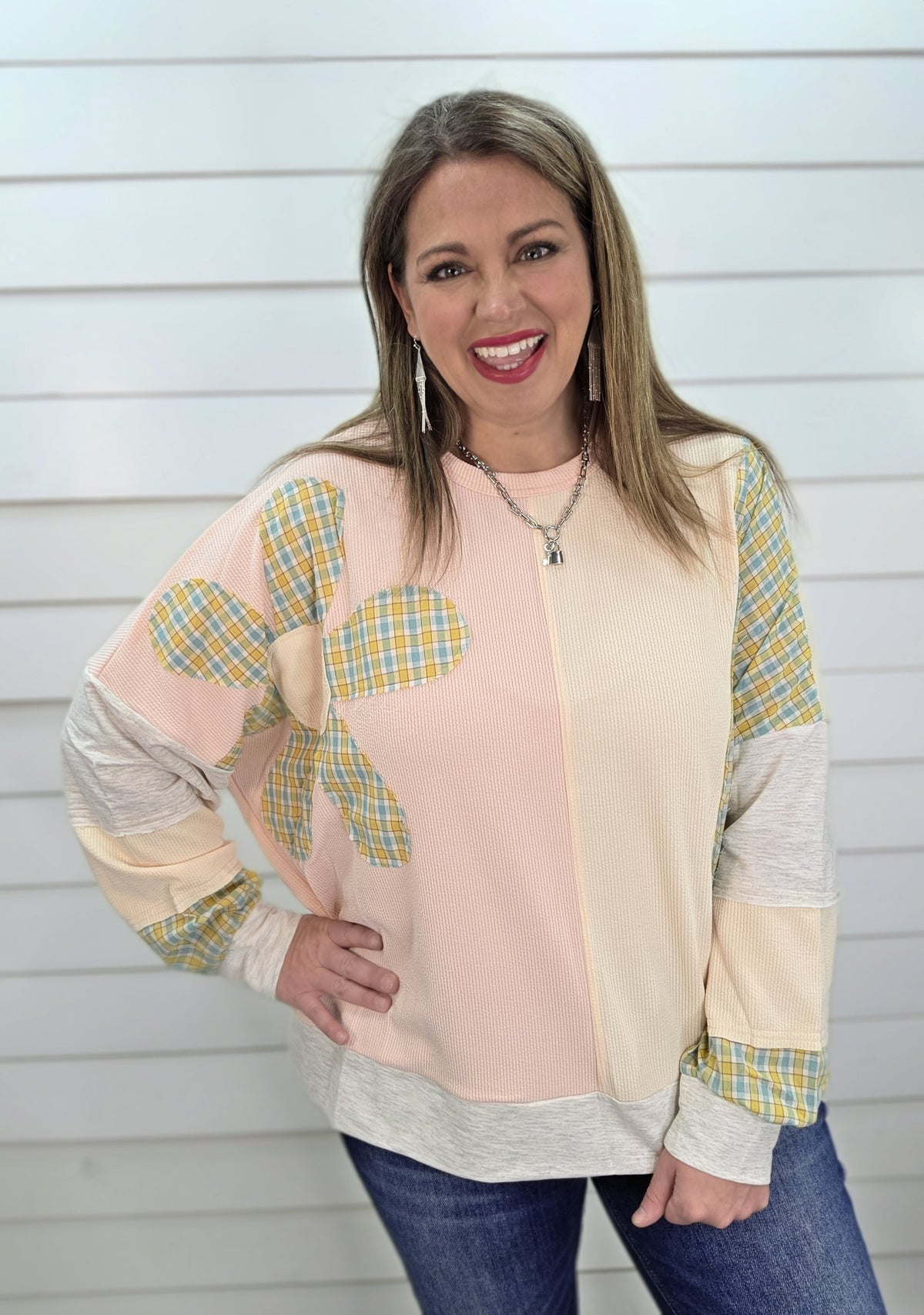 PEACH/OATMEAL CONTRAST PLAID/FLORAL LOOSE FIT TOP