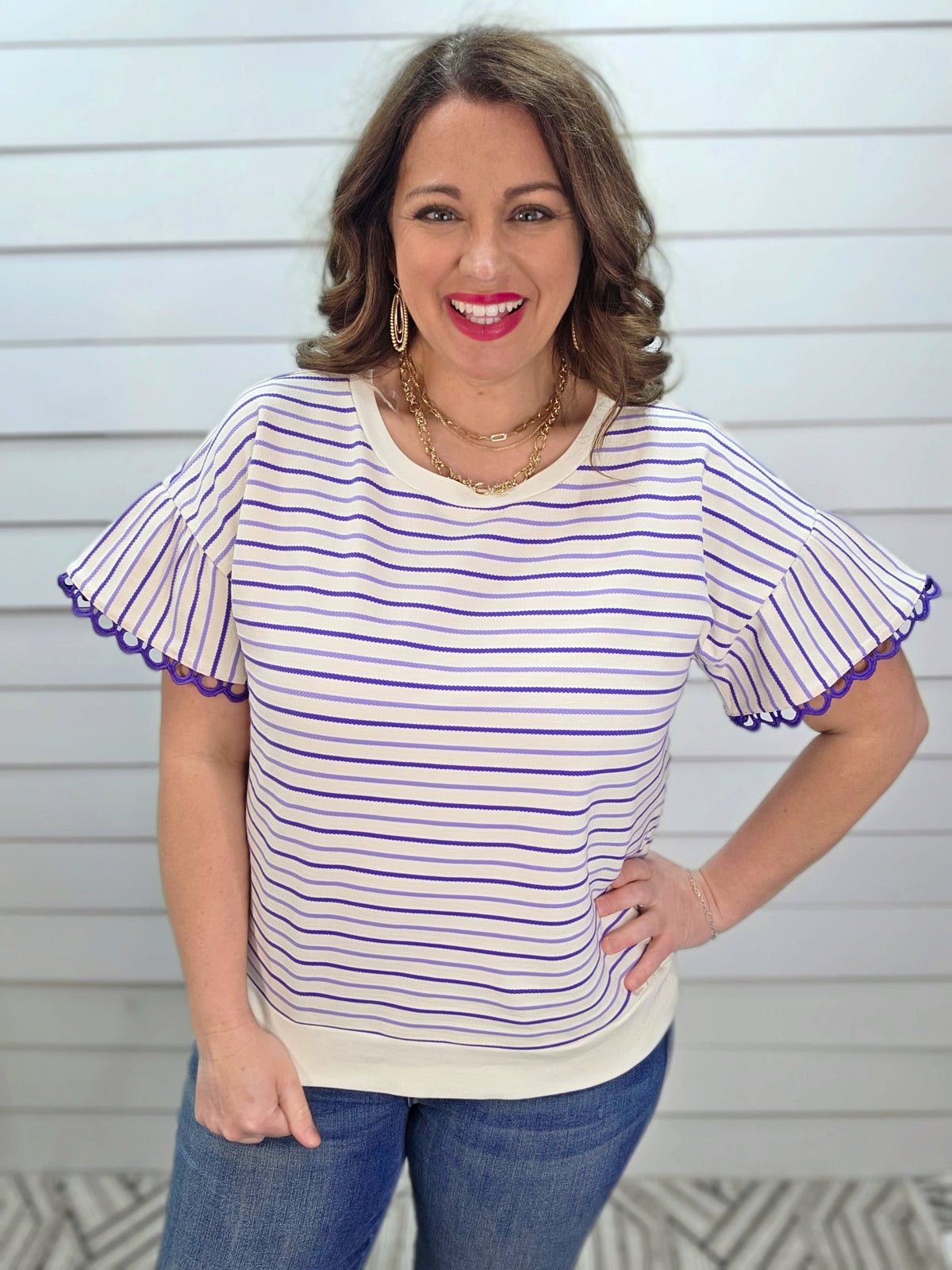 PURPLE/WHITE STRIPED KNIT TOP W/ RUFFLE SLEEVES