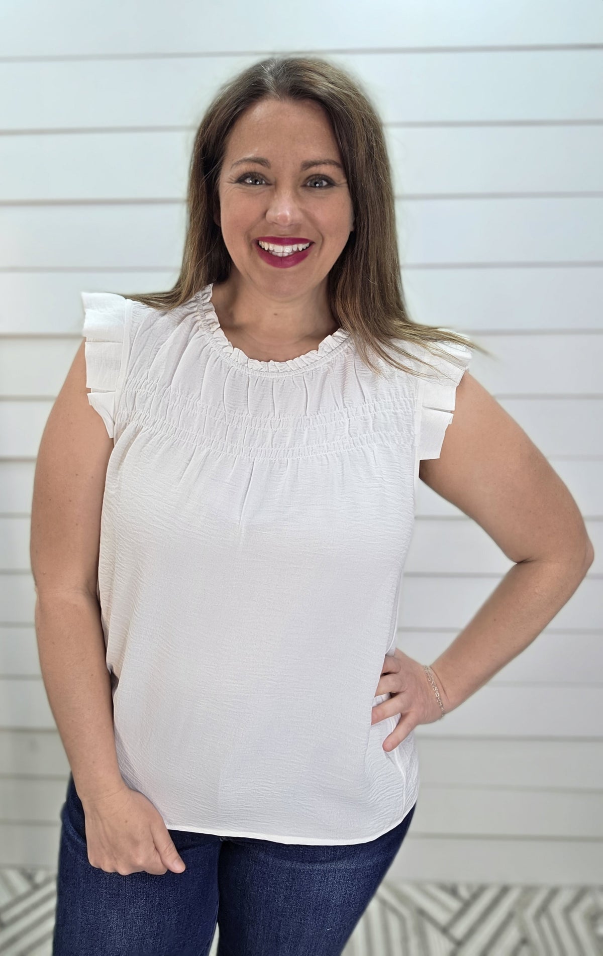 WHITE RUFFLE NECK WOVEN SLEEVELESS TOP