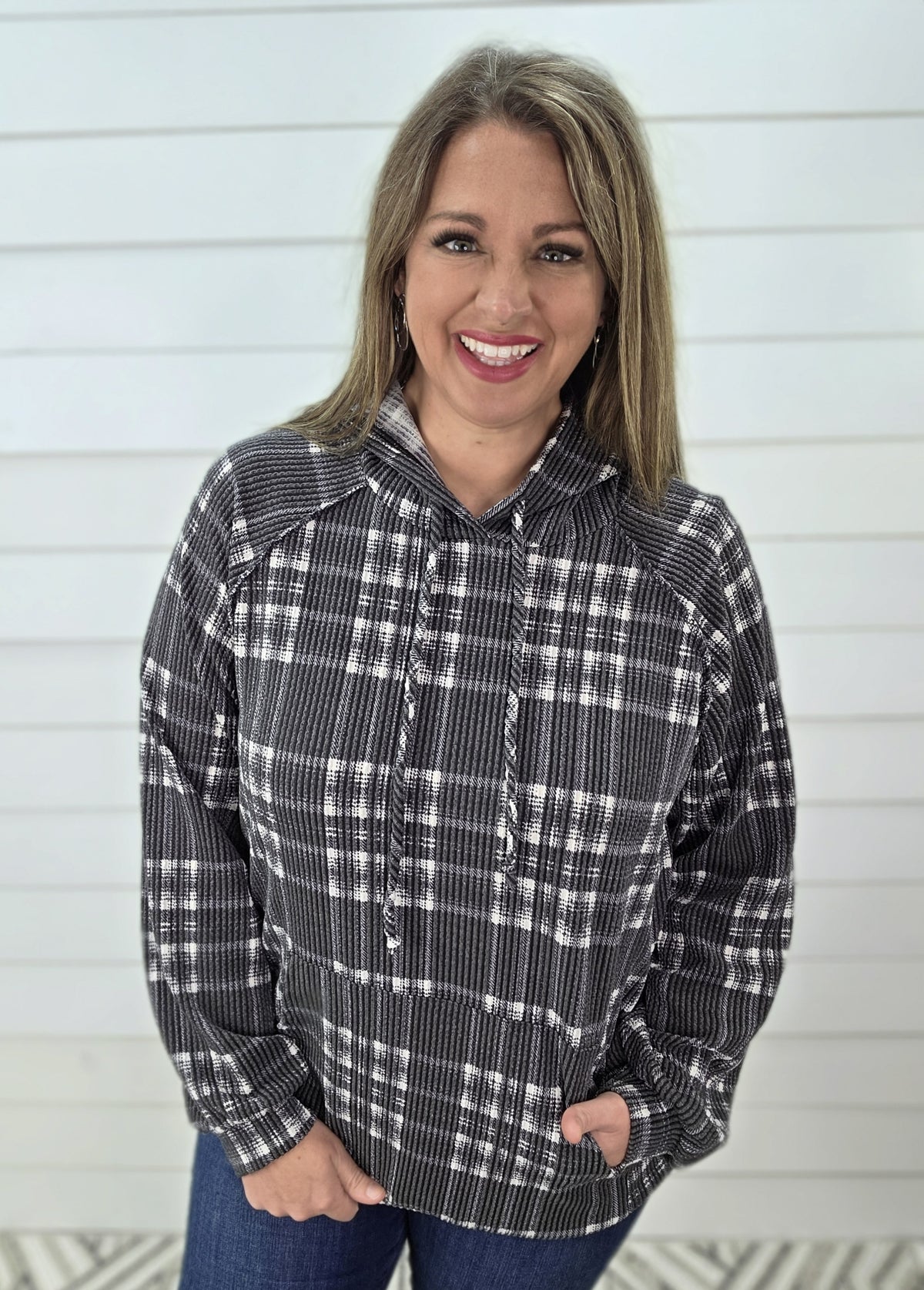 CHARCOAL PLAID RAISED RIBBED HOODIE