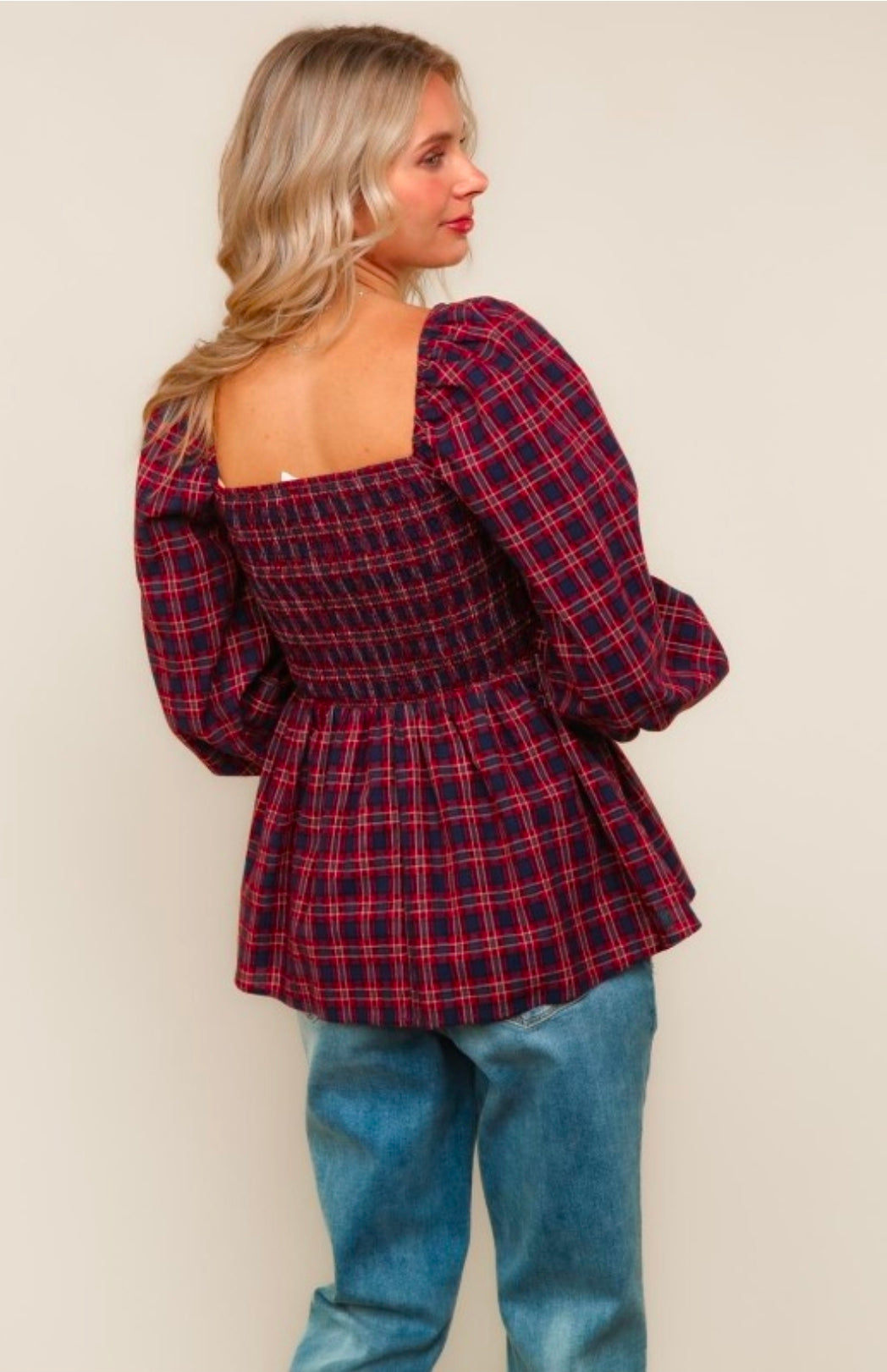 RED/BLUE PLAID SMOCKED TOP PEPLUM TOP