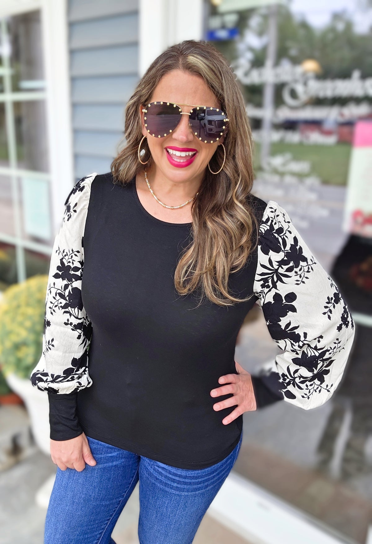 BLACK FLORAL JACQUARD CONTRAST SLEEVE KNIT TOP