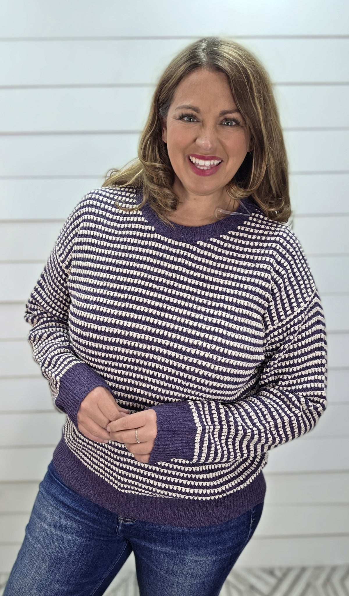 EGGPLANT Color Trimmed Long Sleeve 2 Tone Waffle Striped Crew Neck Pullover Sweater