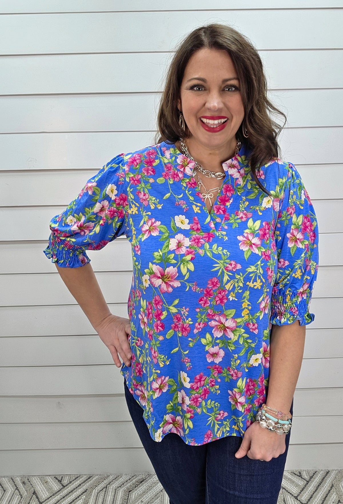 DEAR SCARLETT SMOCKED TOP - OCEAN BLUE/PINK FLORAL