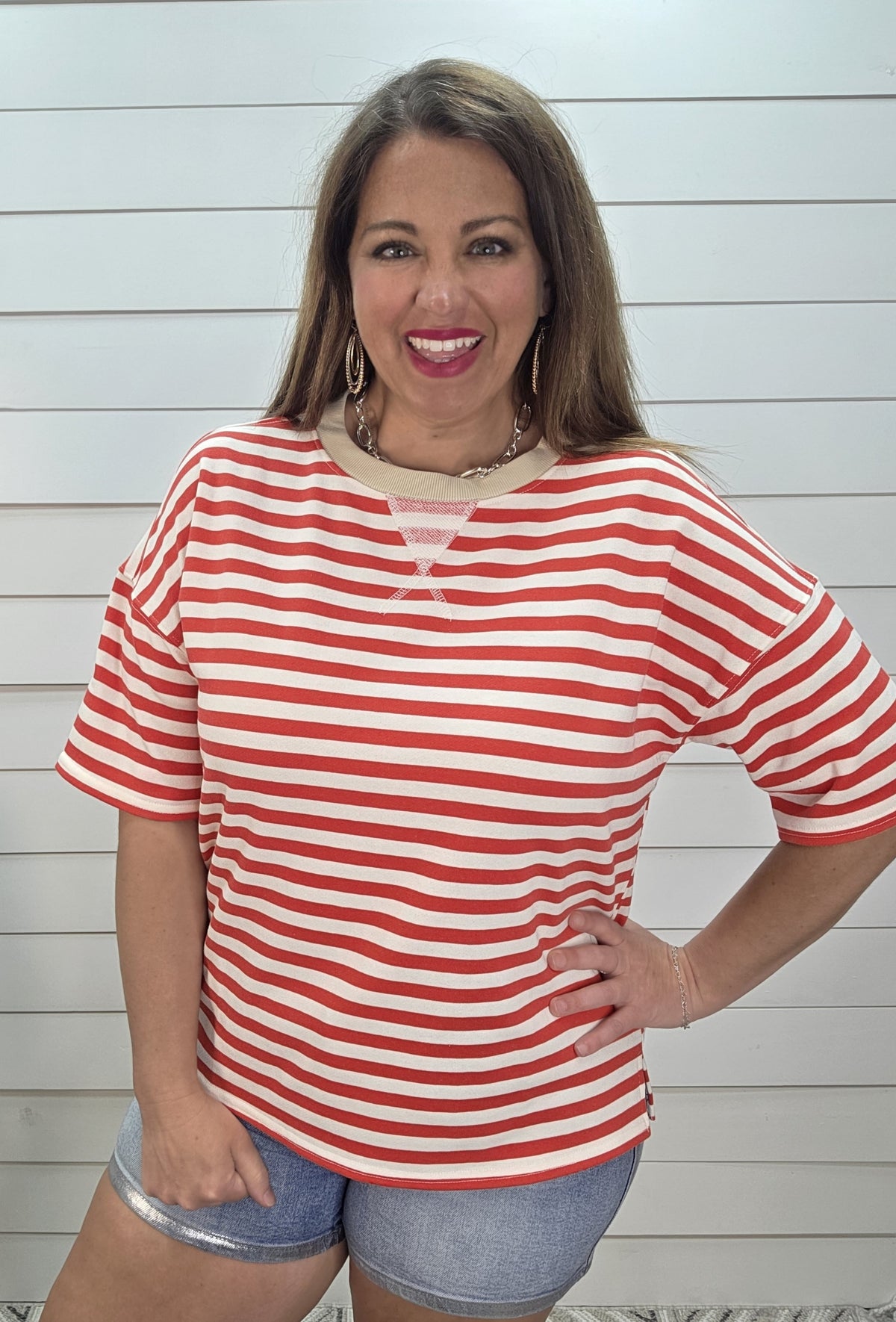 RED/CREAM STRIPED FENCH TERRY KNIT TOP W/ SAND NECKLINE