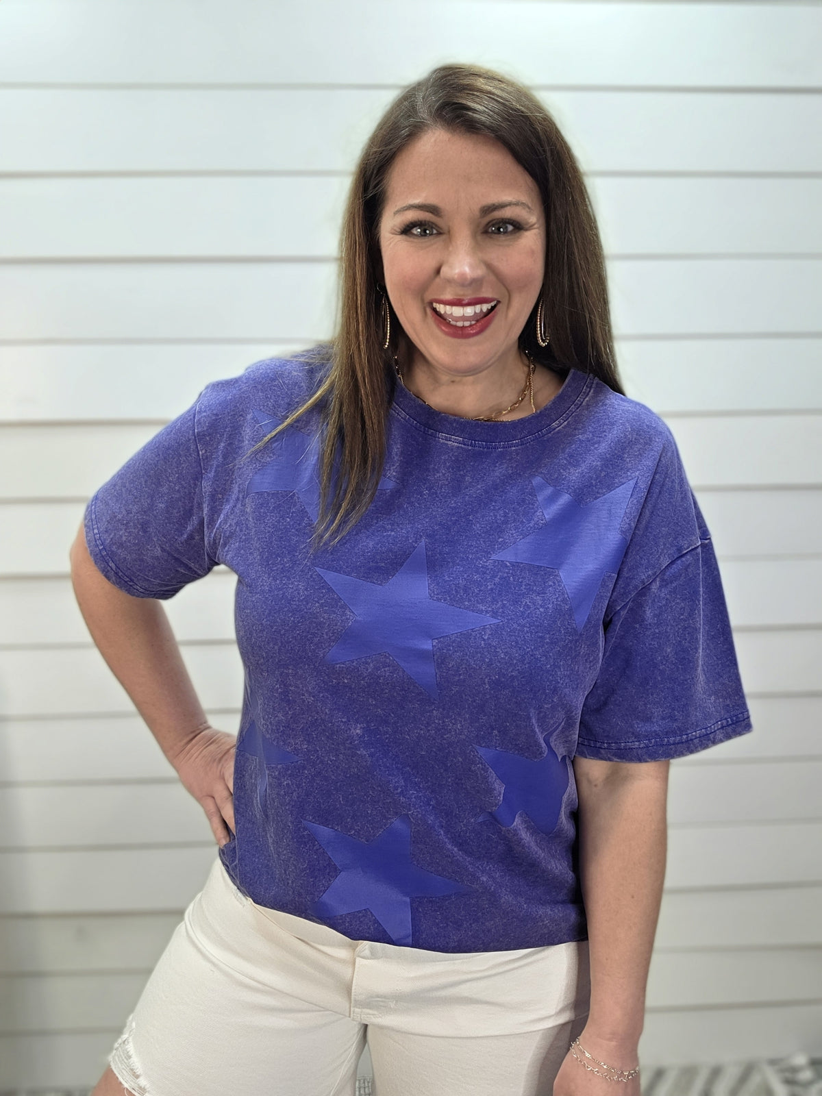 NAVY MINERAL WASH STAR KNIT TOP