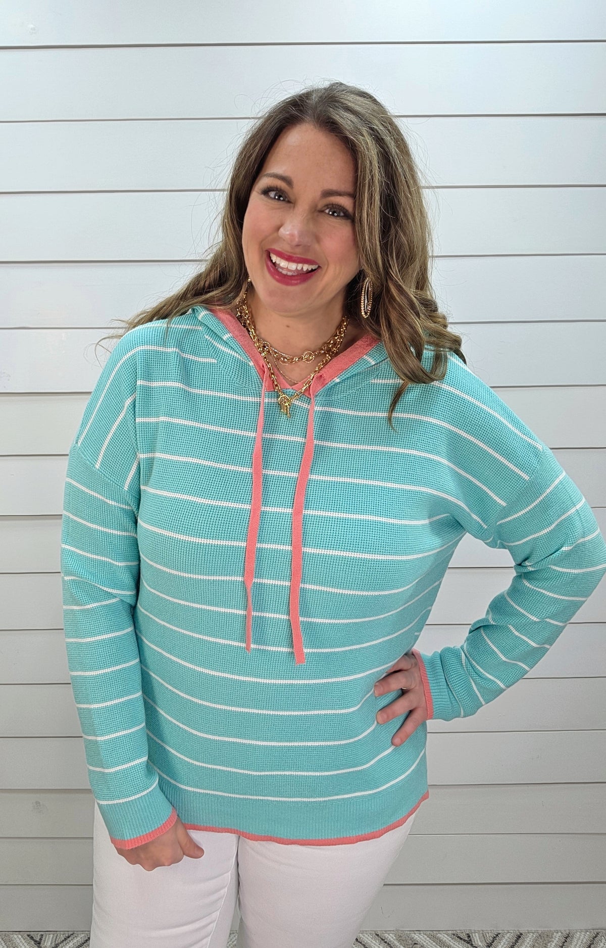 MINT/PINK WAFFLE TEXTURED PULLOVER KNIT HOODIE