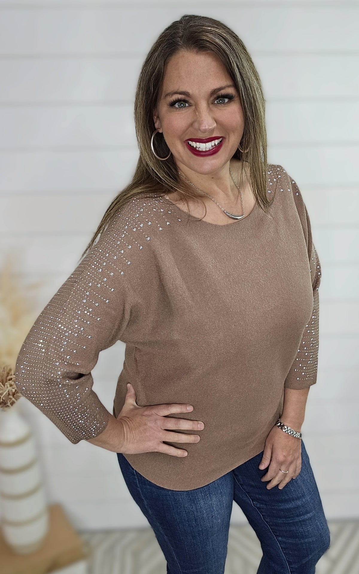 MOCHA RHINESTONE BOATNECK SWEATER