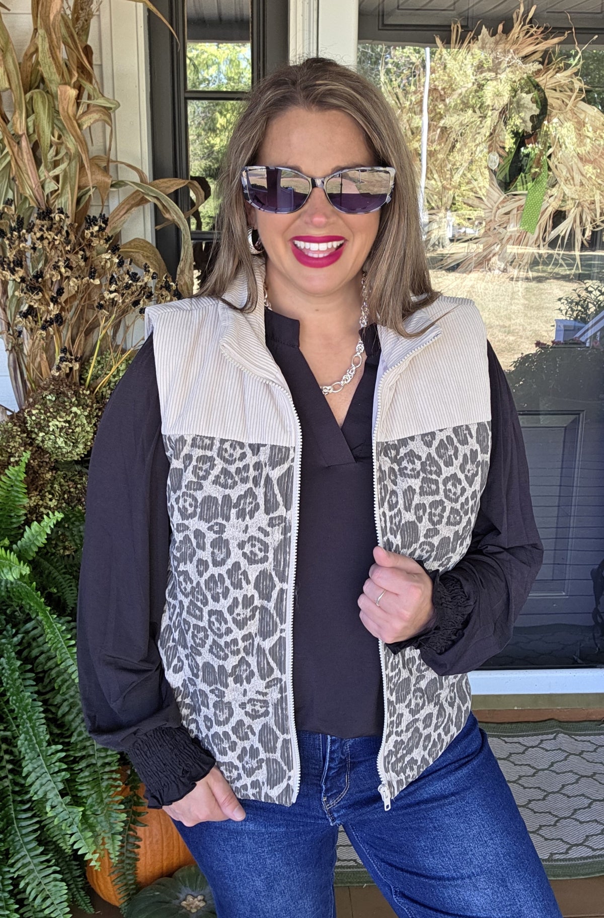 OATMEAL/LEOPARD CORDED CONTRAST VEST