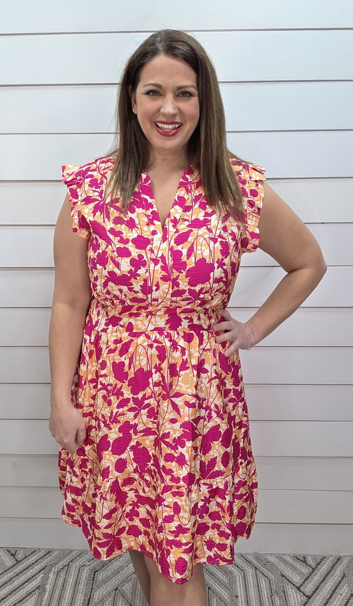 FUCHSIA/PEACH FLORAL ELASTIC SMOCKED WAIST DRESS