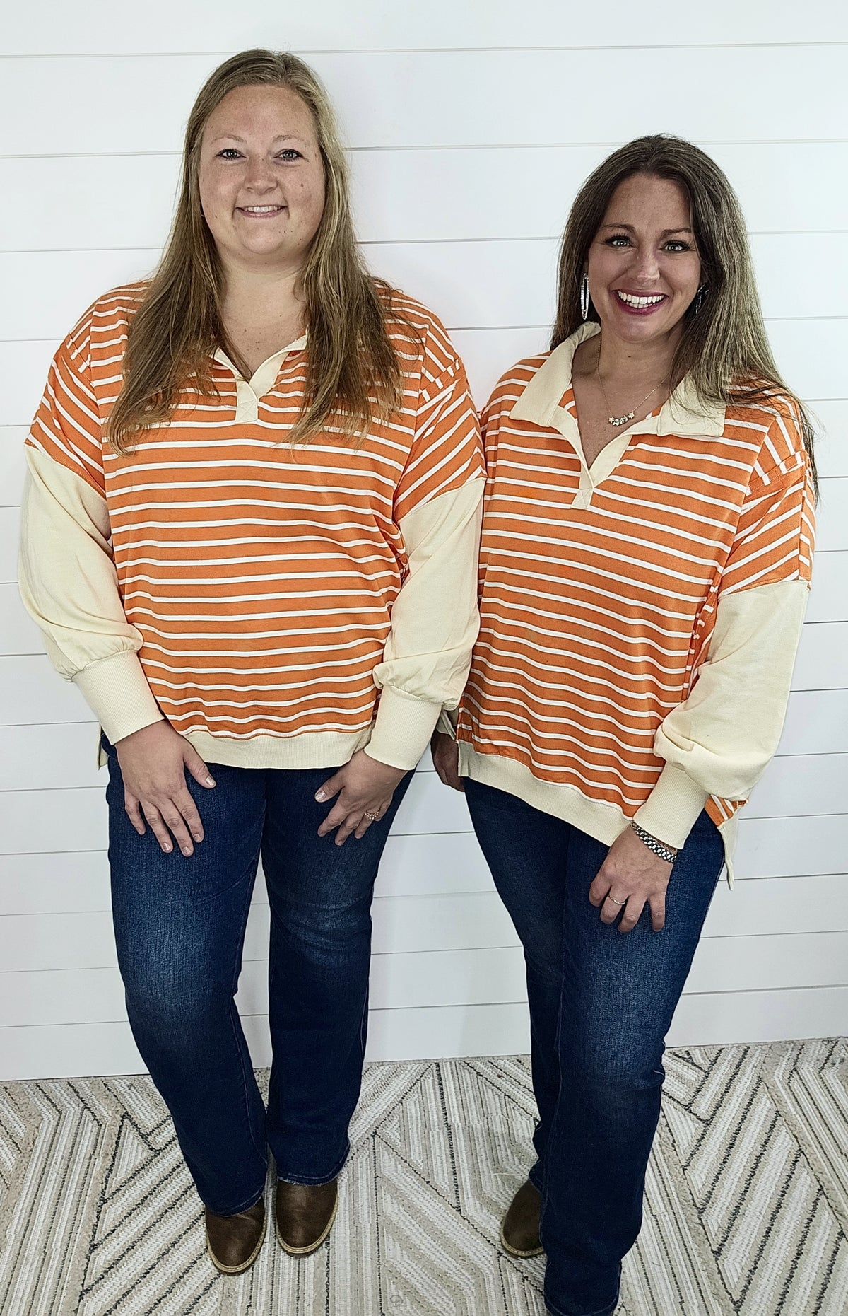 ORANGE STRIPED COLLARED DROP SHOULDER TOP