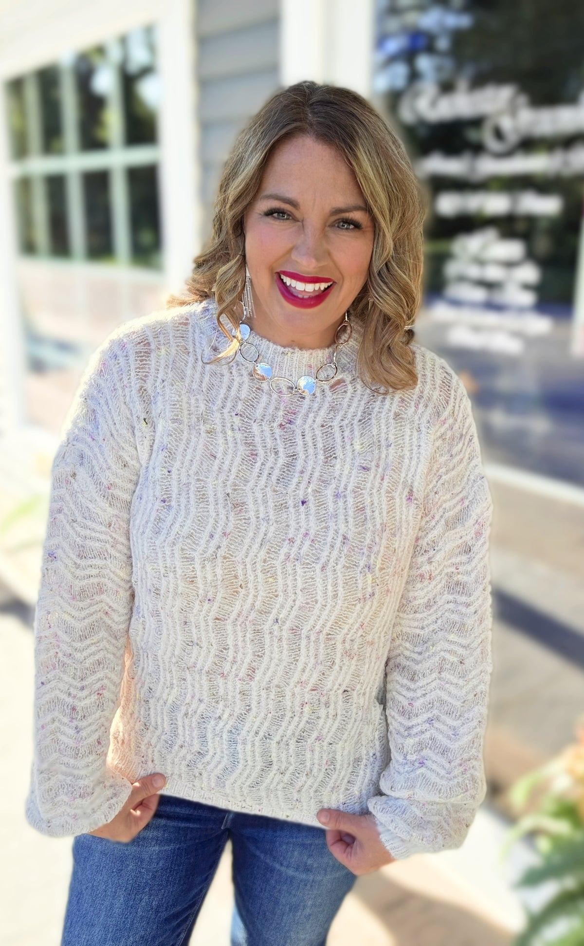 CREAM LOOSE WEAVE KNIT MULTI COLOR THRED SWEATER