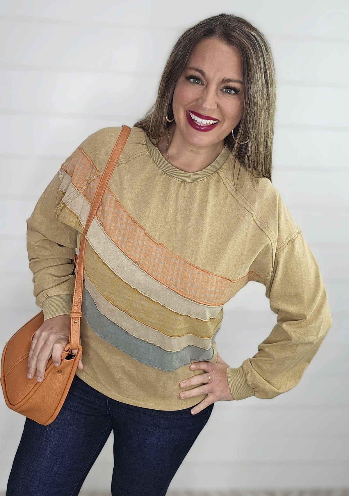 CAMEL MINERAL MIX COLOR FRONT PULLOVER TOP