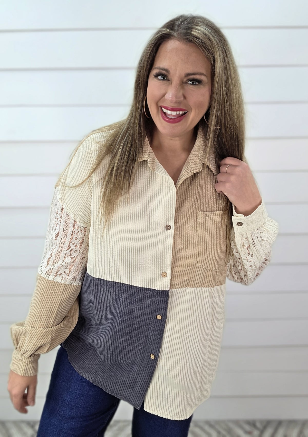 TAUPE/BEIGE/CHARCOAL CORDED/LACE BUTTON UP TOP
