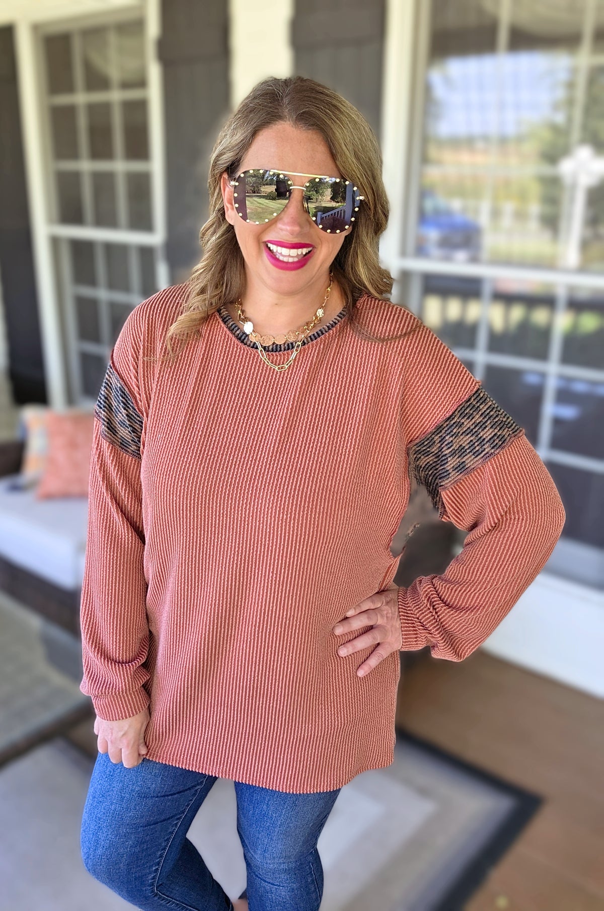 RUST RAISED RIBBED KNIT TOP WITH LEOPARD ACCENT SLEEVE
