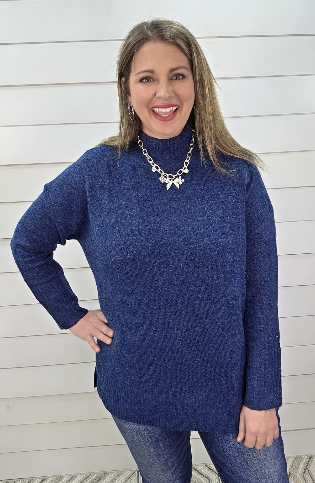 KAREN HART NAVY LOOSE KIT MOCK NECK TUNIC SWEATER