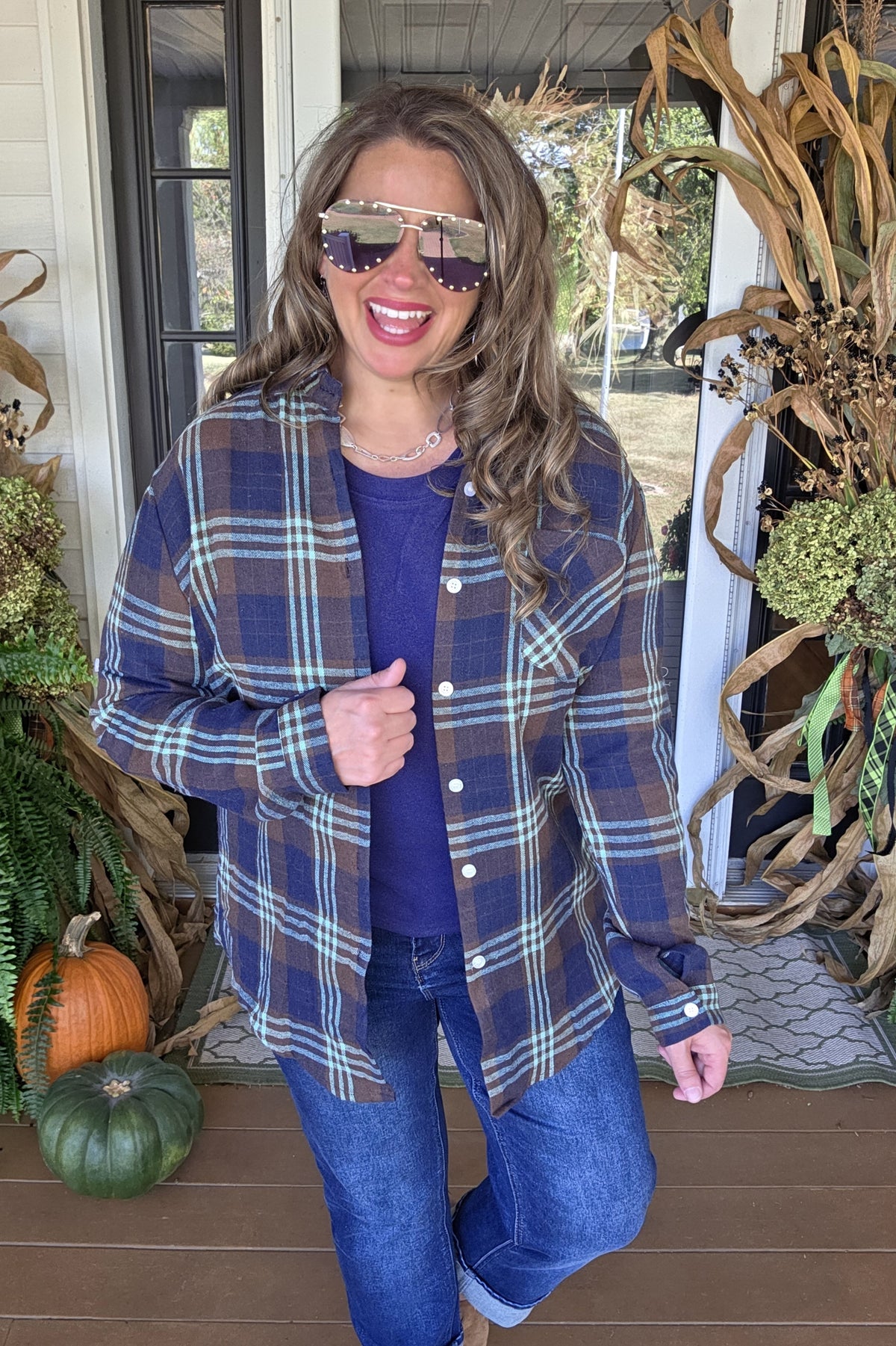 BLUE/BROWN/TEAL CHECK BUTTON DOWN PLAID TOP