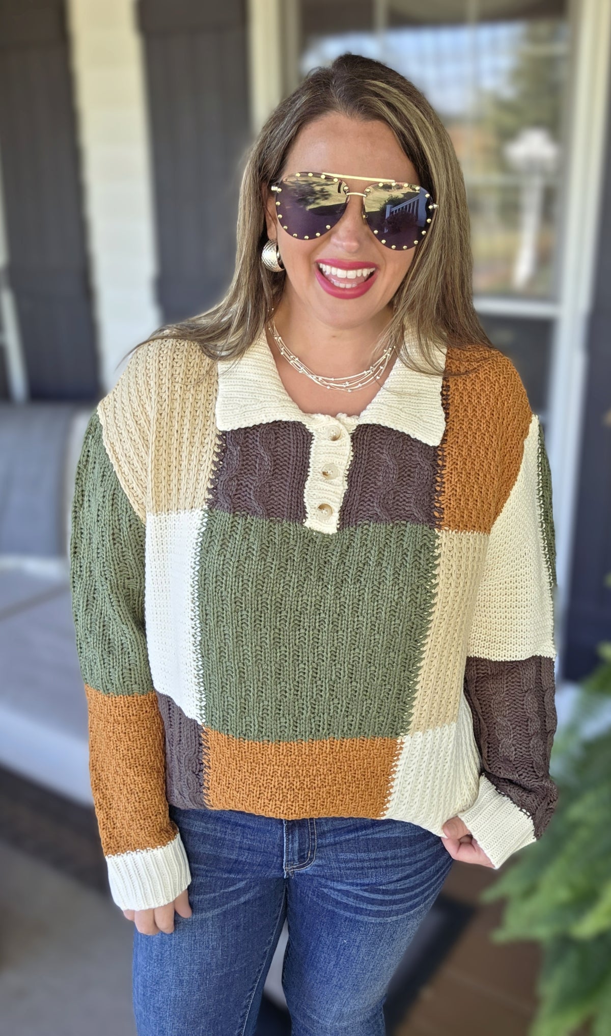 OLIVE/IVORY/CAMEL KNIT BLOCK BUTTON TRIM SWEATER