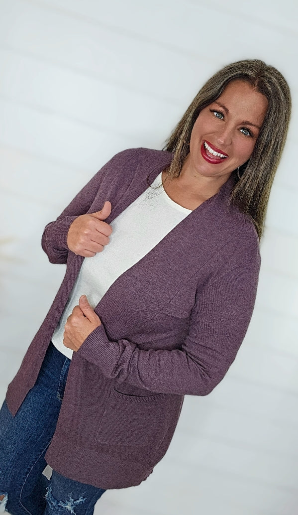 HEATHERED ACAI ULTRA SOFT OPEN CARDIGAN W/ SIDE POCKETS