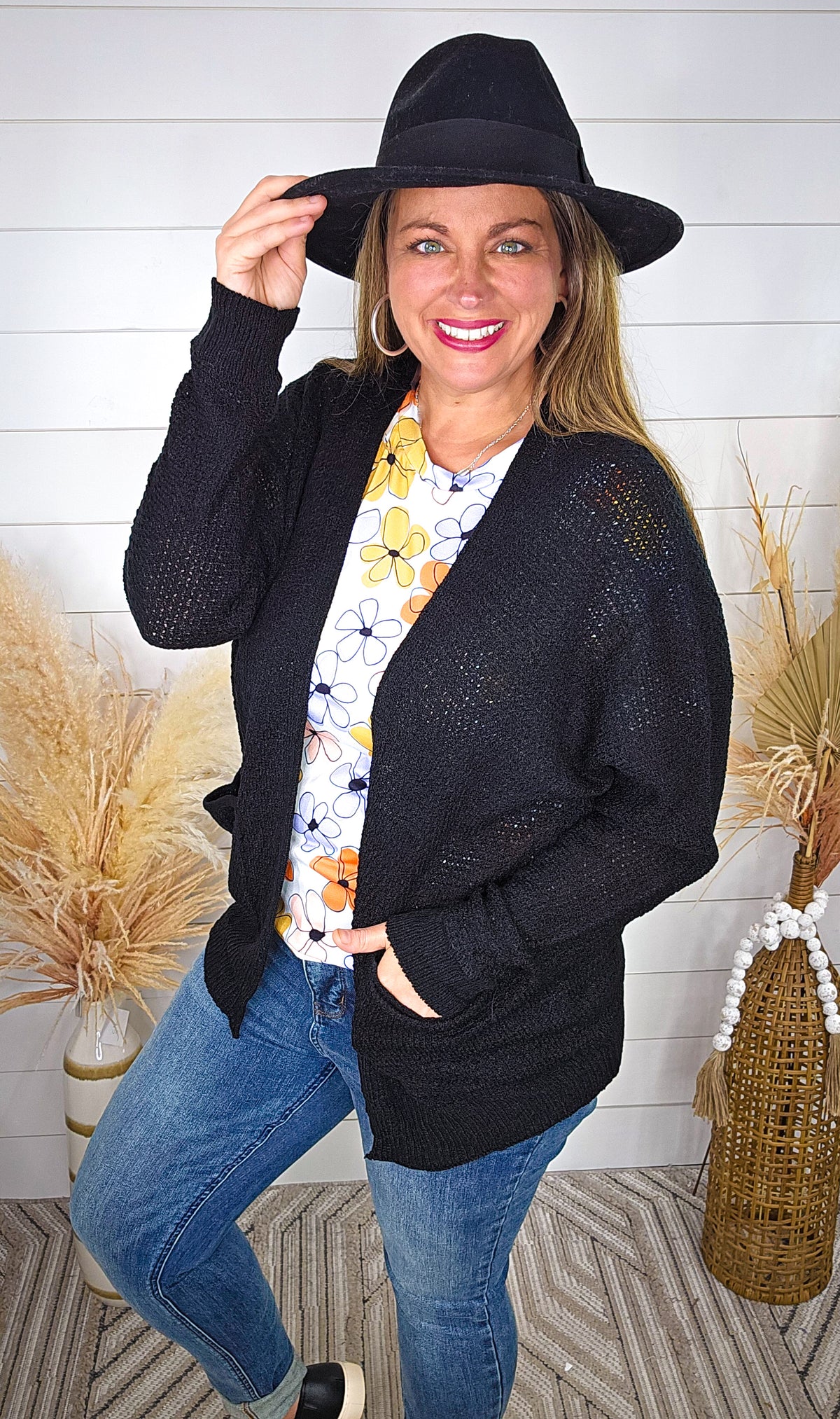 BLACK KNIT OPEN FRONT CARDIGAN W/ DROP SHOULDER & SIDE POCKET