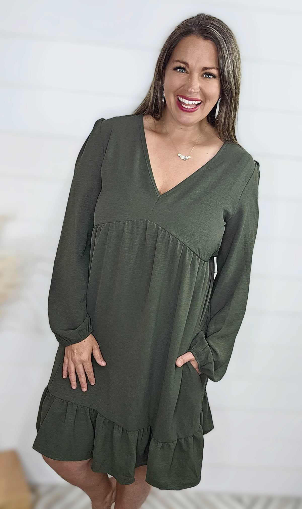 OLIVE V NECK BABYDOLL DRESS W/ RUFFLE HEM