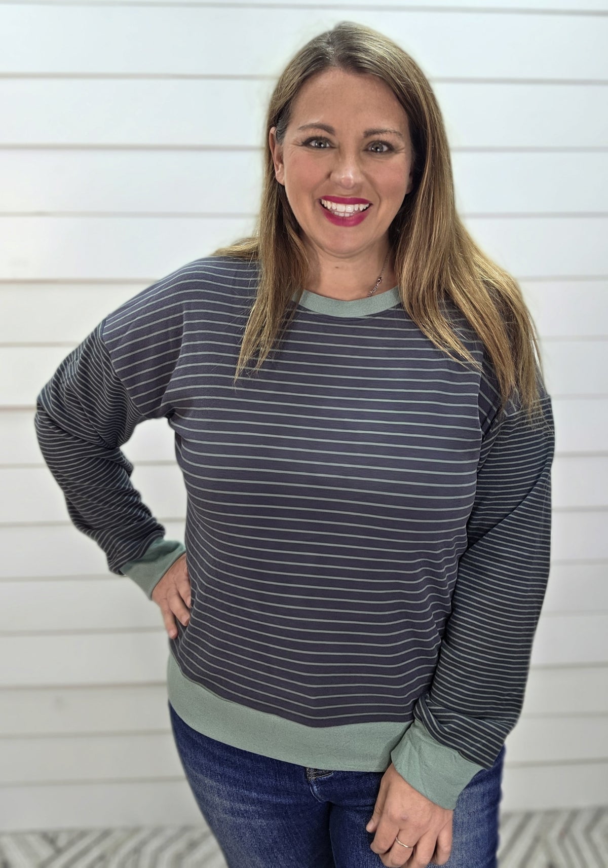 SAGE Color Accent, Long Sleeve, Micro Brushed Stripe Knit Top