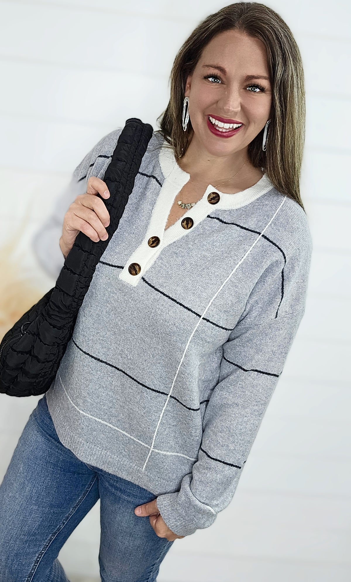 HEATHER GREY CHECKED HENLEY PULLOVER SWEATER