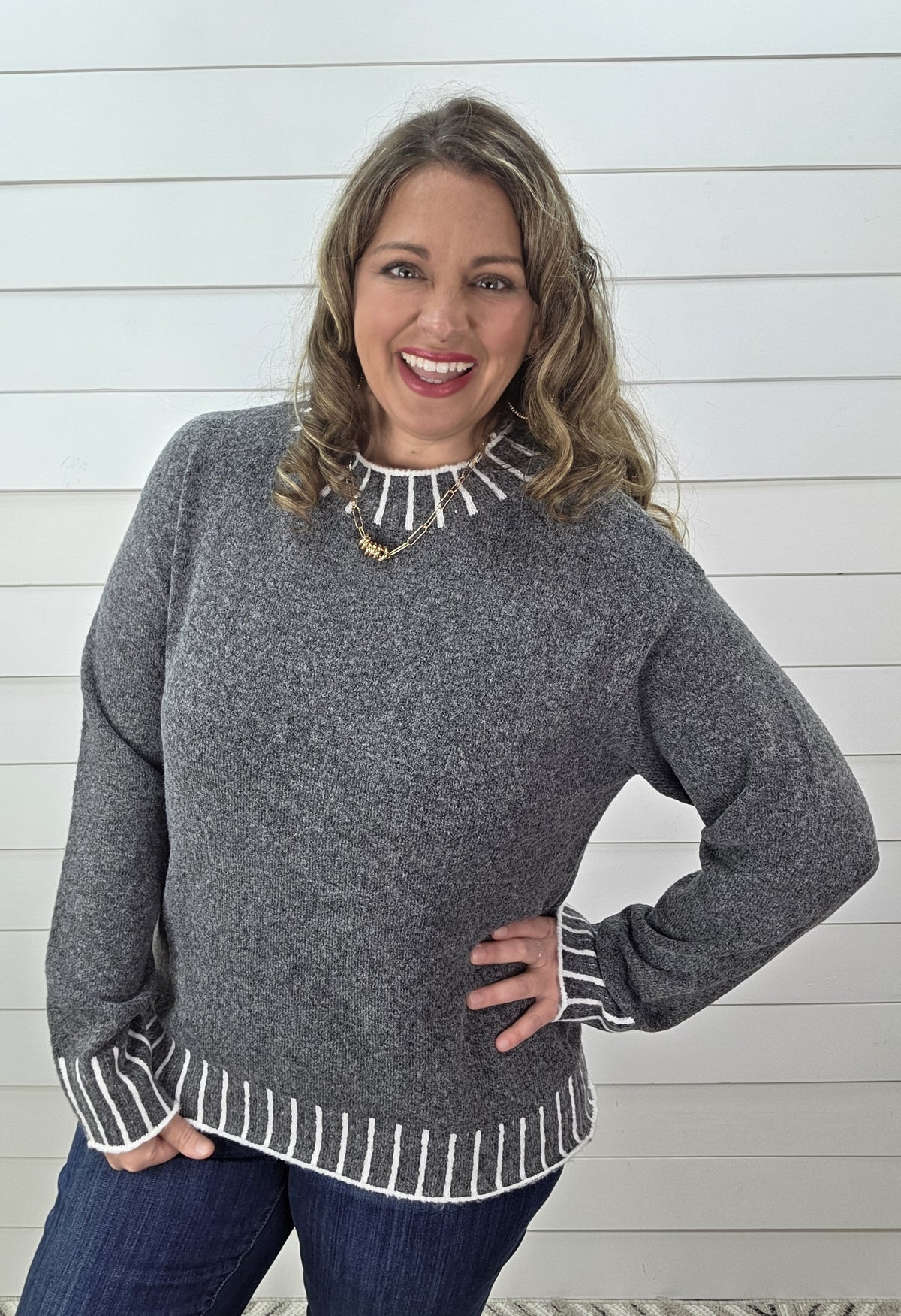 CHARCOAL FAUX STITCH KNIT PULLOVER SWEATER
