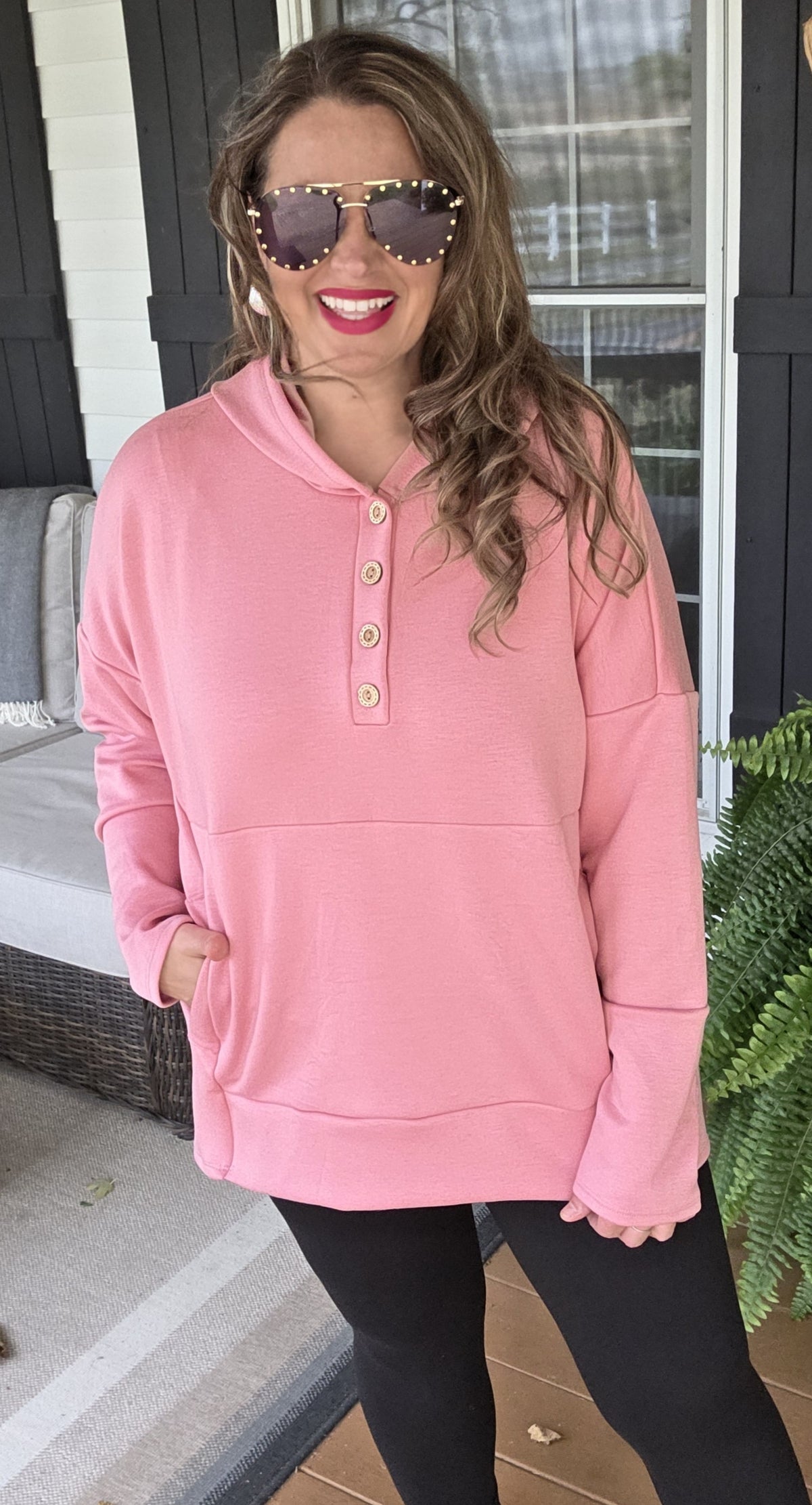 PINK OVERSIZED SCUBA HOODED HENLEY TOP