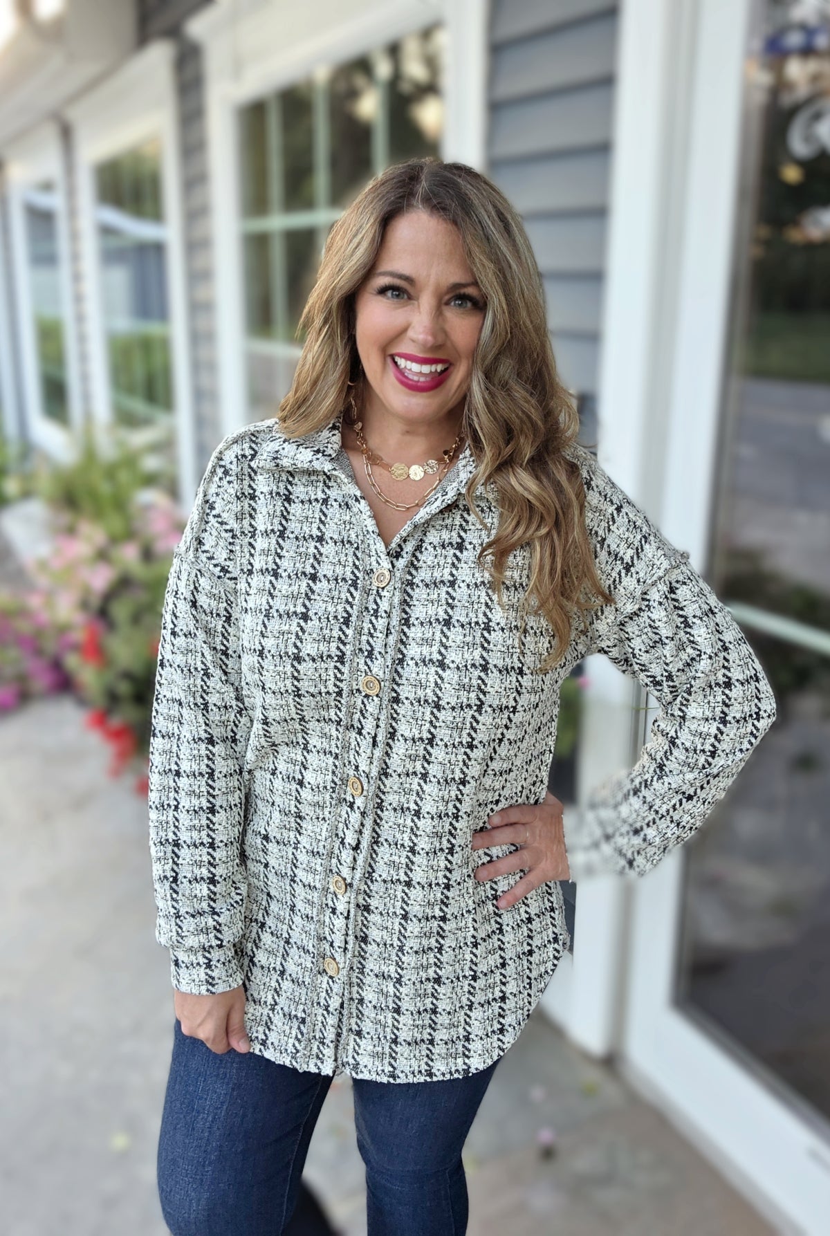 BLACK/CREAM GLITZ FULL BUTTON DOWN TWEED TOP