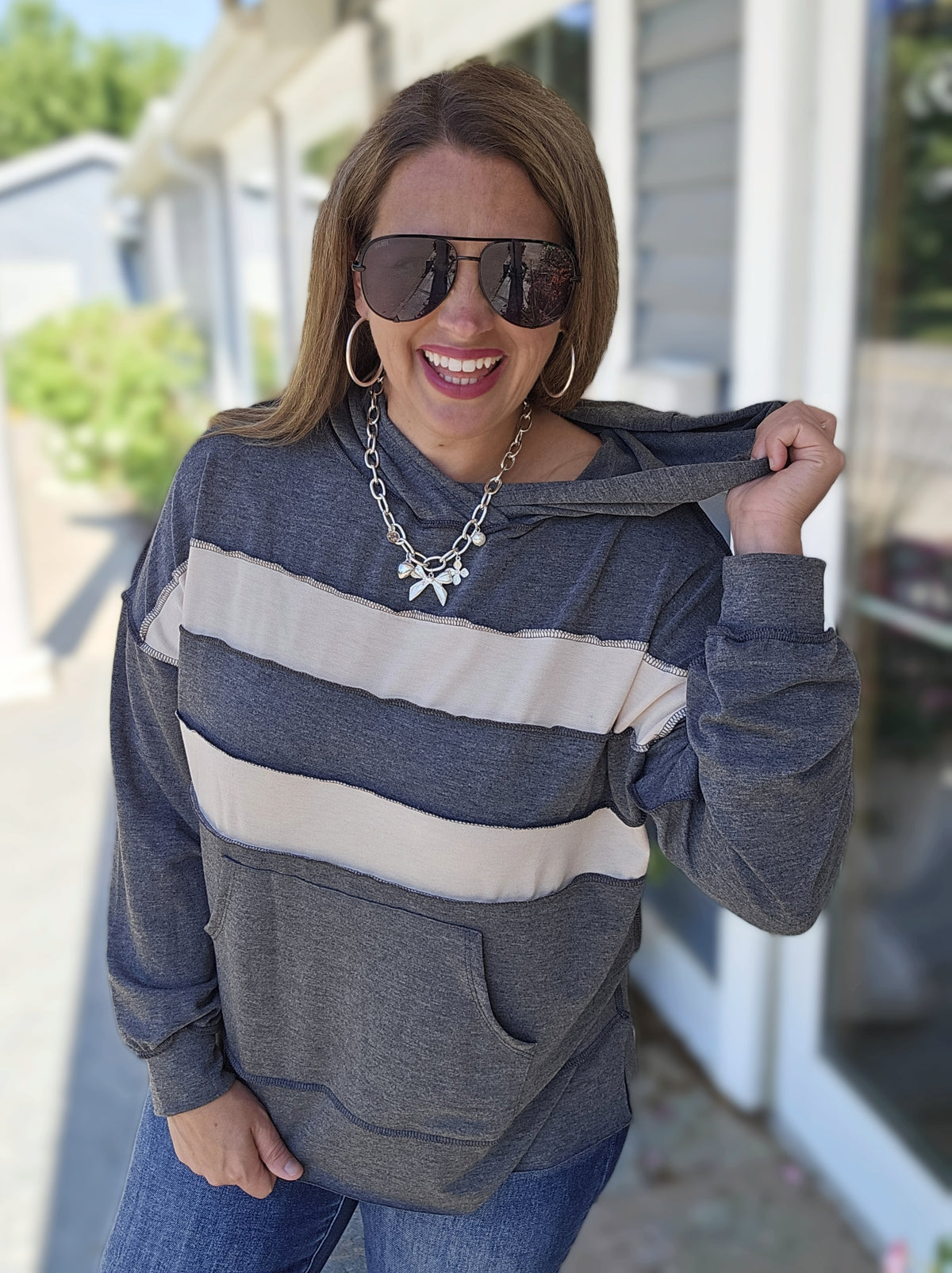 CHARCOAL COLORBLOCK LIGHT WEIGHT HOODIE RELAXED FIT TOP