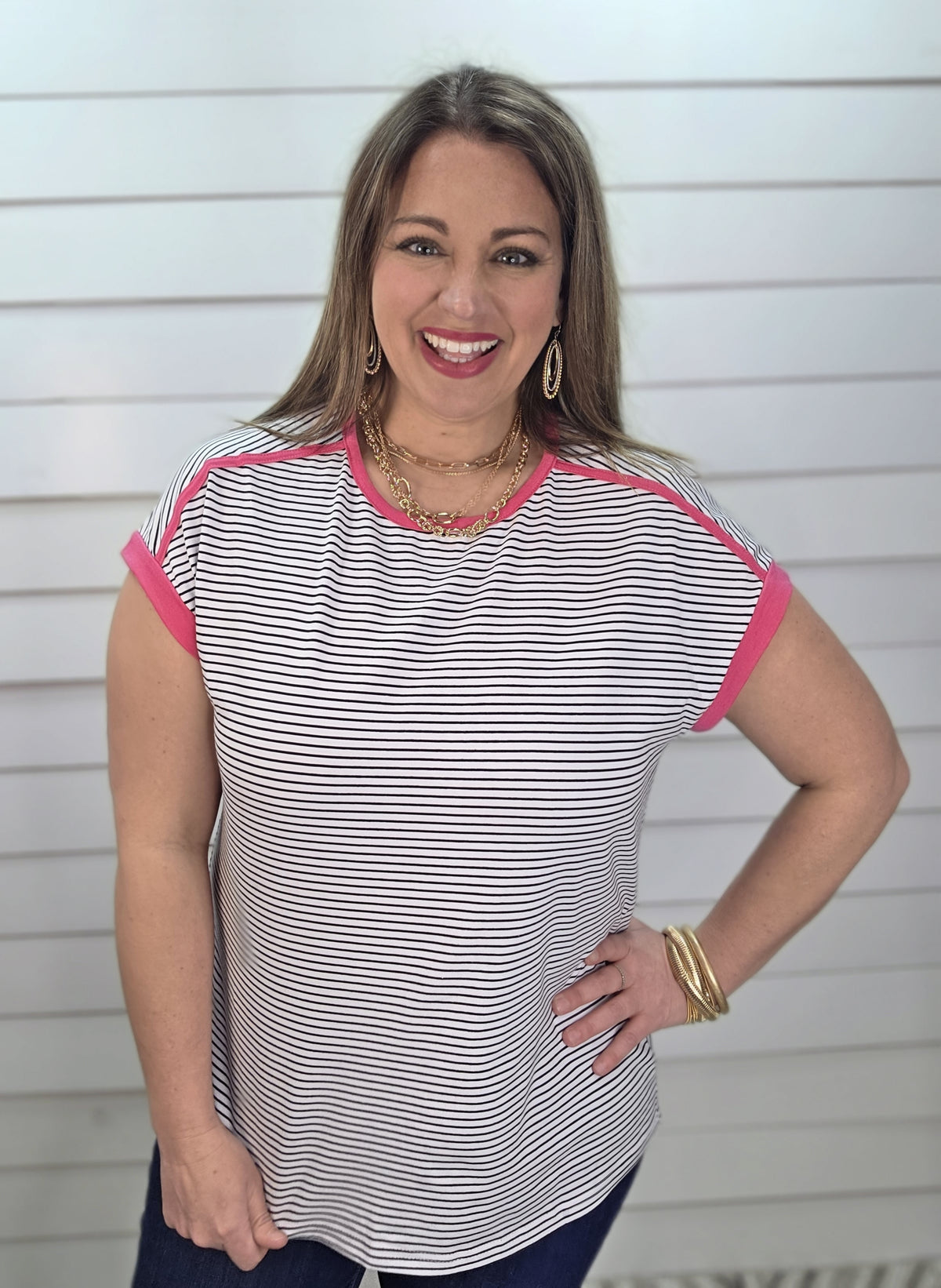 BLACK STRIPED KNIT TOP W/ PINK TRIM