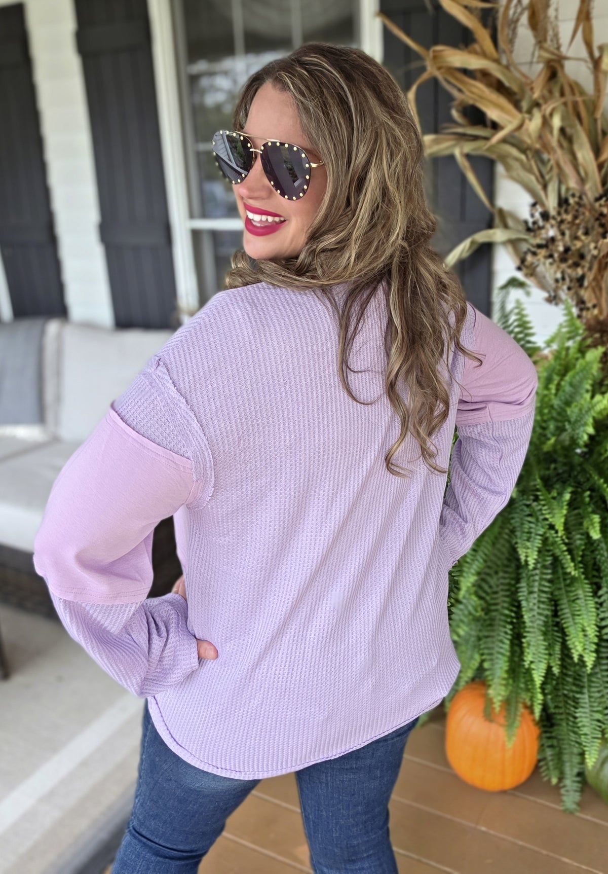 PURPLE WAFFLE CONTRAST POCKET KNIT TOP