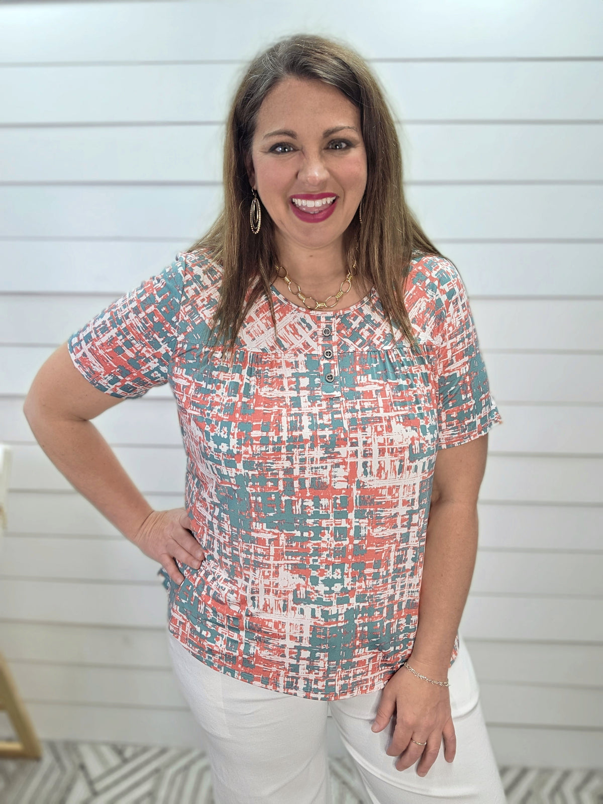 CORAL/SAGE PRINTED FAUX BUTTON KNIT TOP