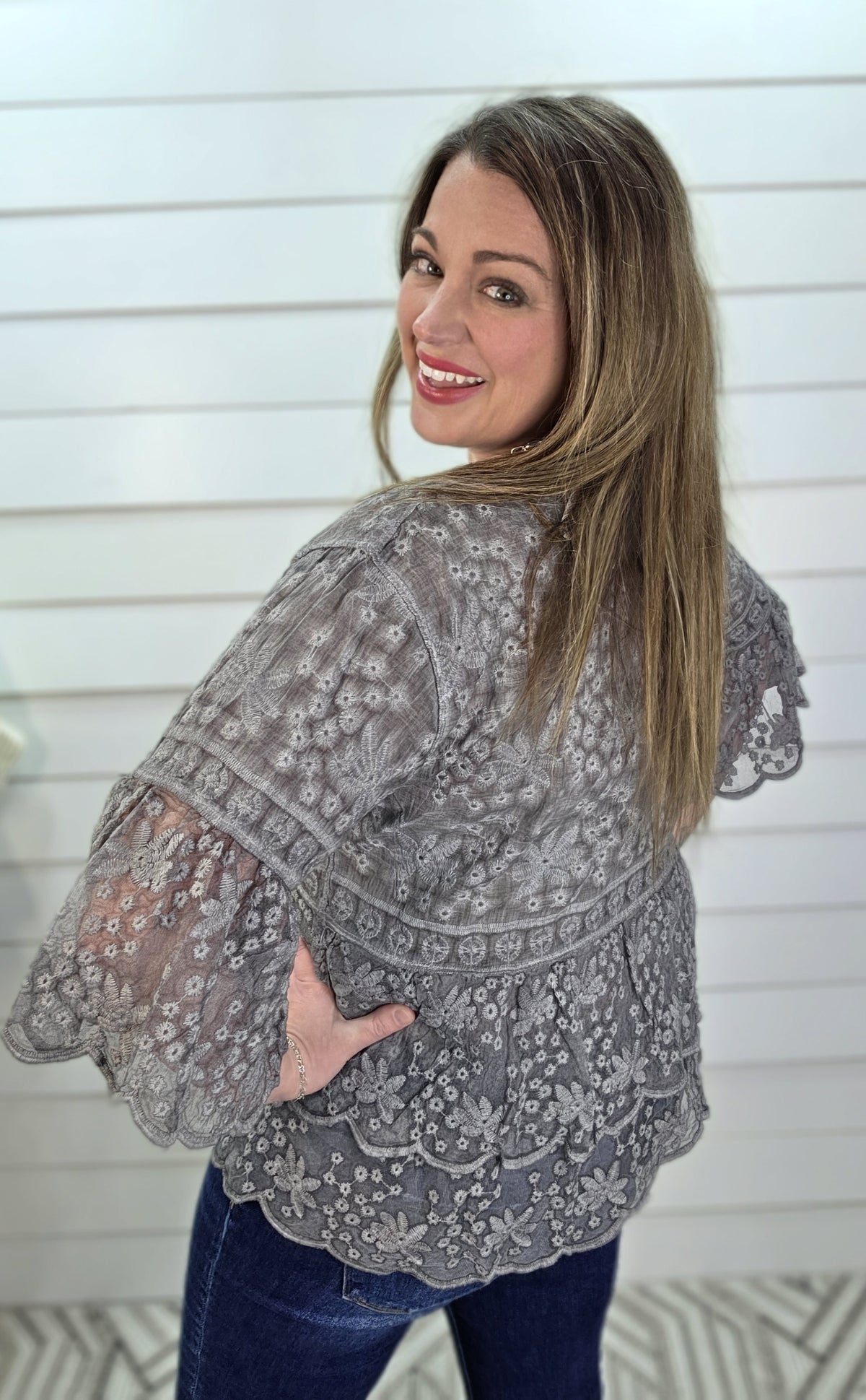 GREY MINERAL WASH CROCHET LACE TOP