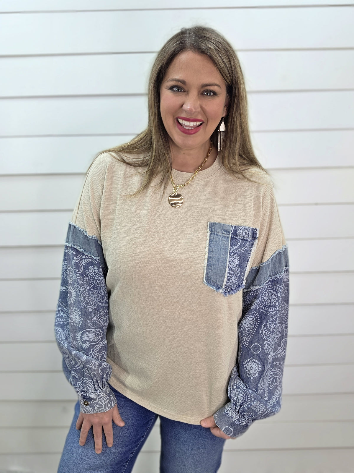 BEIGE COTTON TOP W/ DENIM/PAISLEY CONTRAST